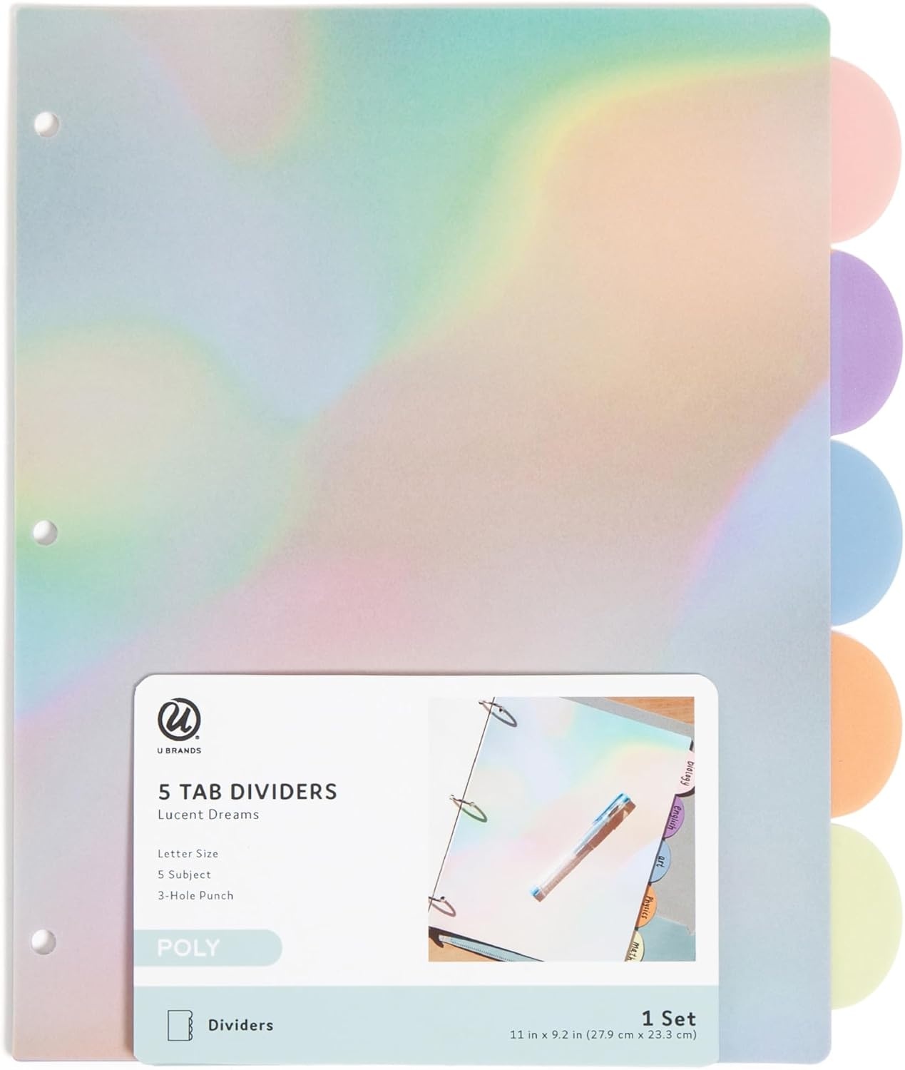 image:imageU Brands 5 Tab Poly Binder Dividers with Pocket Pastel Drift 3Hole Punched 10 Blank Labels Transparent Pocket Durable NoTearLucent Dreams
