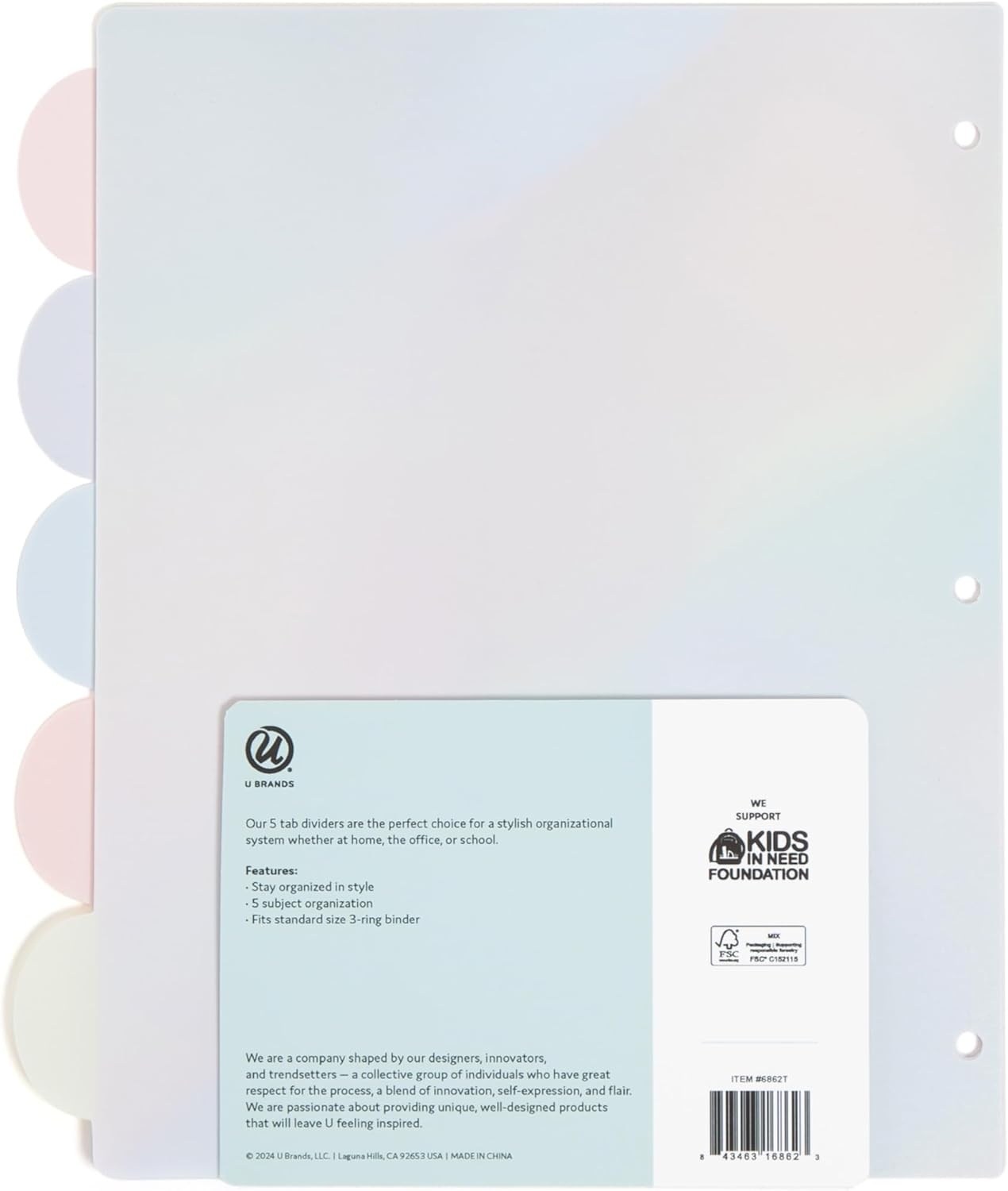 image:imageU Brands 5 Tab Poly Binder Dividers with Pocket Pastel Drift 3Hole Punched 10 Blank Labels Transparent Pocket Durable NoTearLucent Dreams