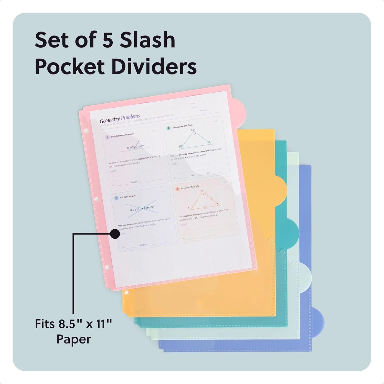 image:imageU Brands 5 Tab Poly Binder Dividers with Pocket Pastel Drift 3Hole Punched 10 Blank Labels Transparent Pocket Durable NoTearPastel Drift