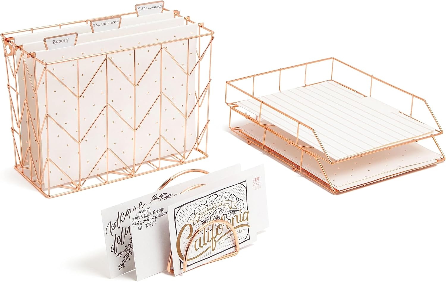 image:imageU Brands Desktop Fashion Filing Set Desktop Organizer Rose Gold Wire Metal 10 Piece Office Gift Set 2104U0001