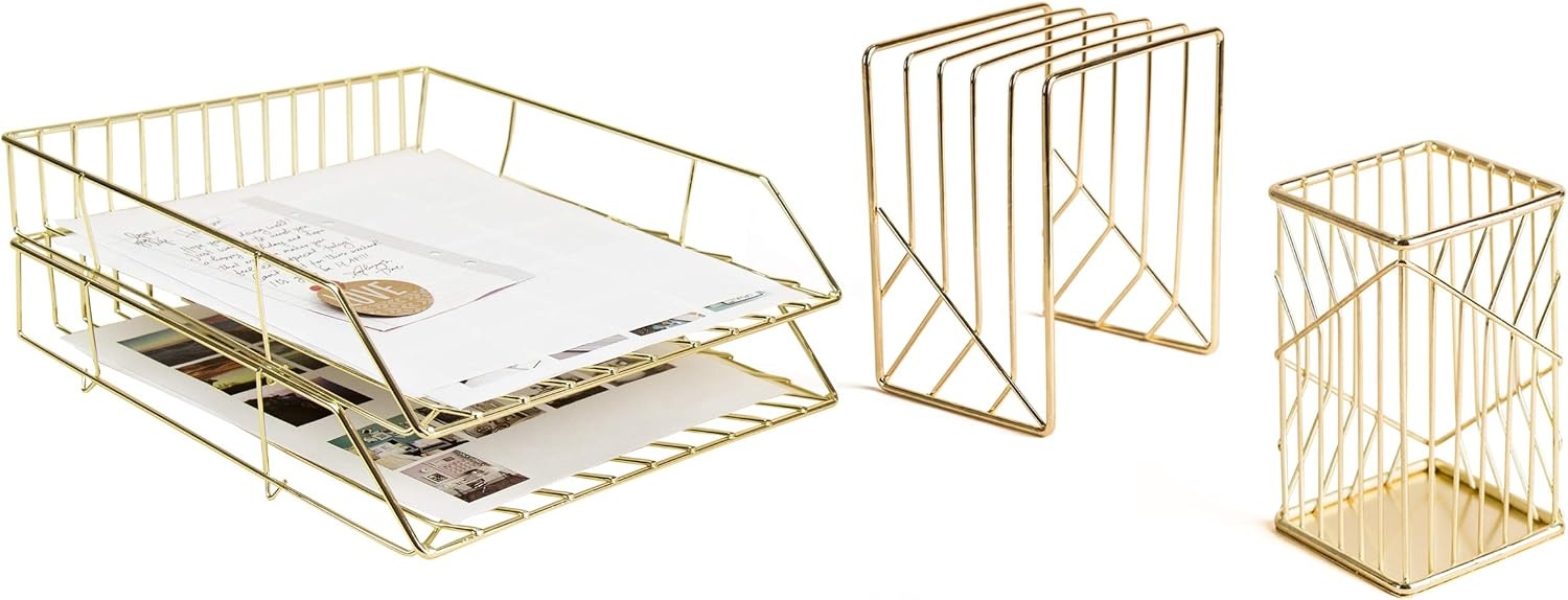 image:imageU Brands Metal Desk Organization Kit Vena Collection Cup Sort and 2 Trays Included Gold 3940U0001Gold