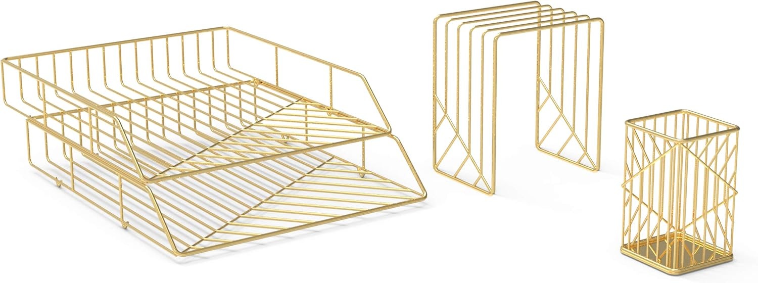 image:imageU Brands Metal Desk Organization Kit Vena Collection Cup Sort and 2 Trays Included Gold 3940U0001Gold