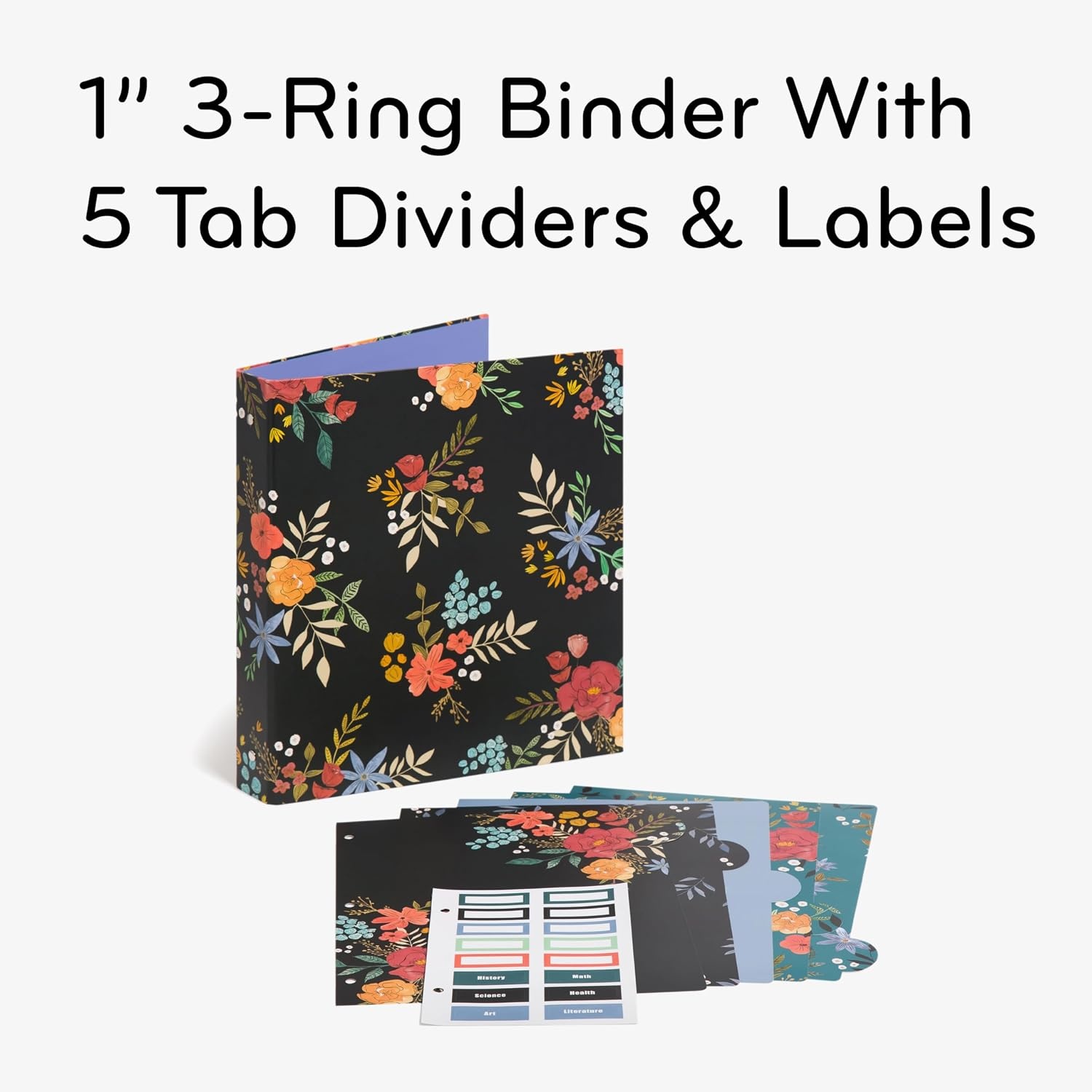 image:imageU Brands Midnight Blossoms 1 Binder with 5 Tab Dividers and Labels Multicolored Floral Print Silver Metal ORings