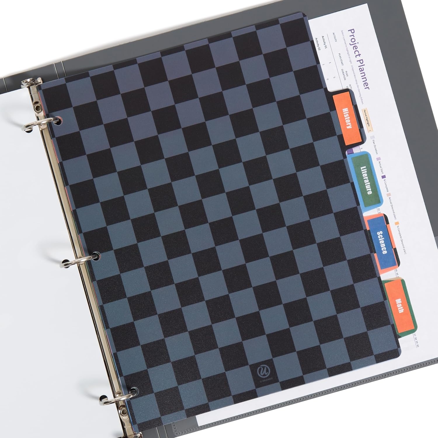 image:imageU Brands Poly Performance 1 Binder with 5 Tab Dividers and Labels Checkered Print Silver Metal ORingsCheckered Print