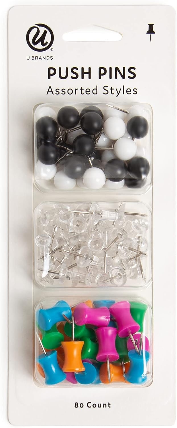 image:imageU Brands Push Pins Variety Pack Office Supplies with Round Pins Clear Pins Assorted Styles 80 CountAssorted