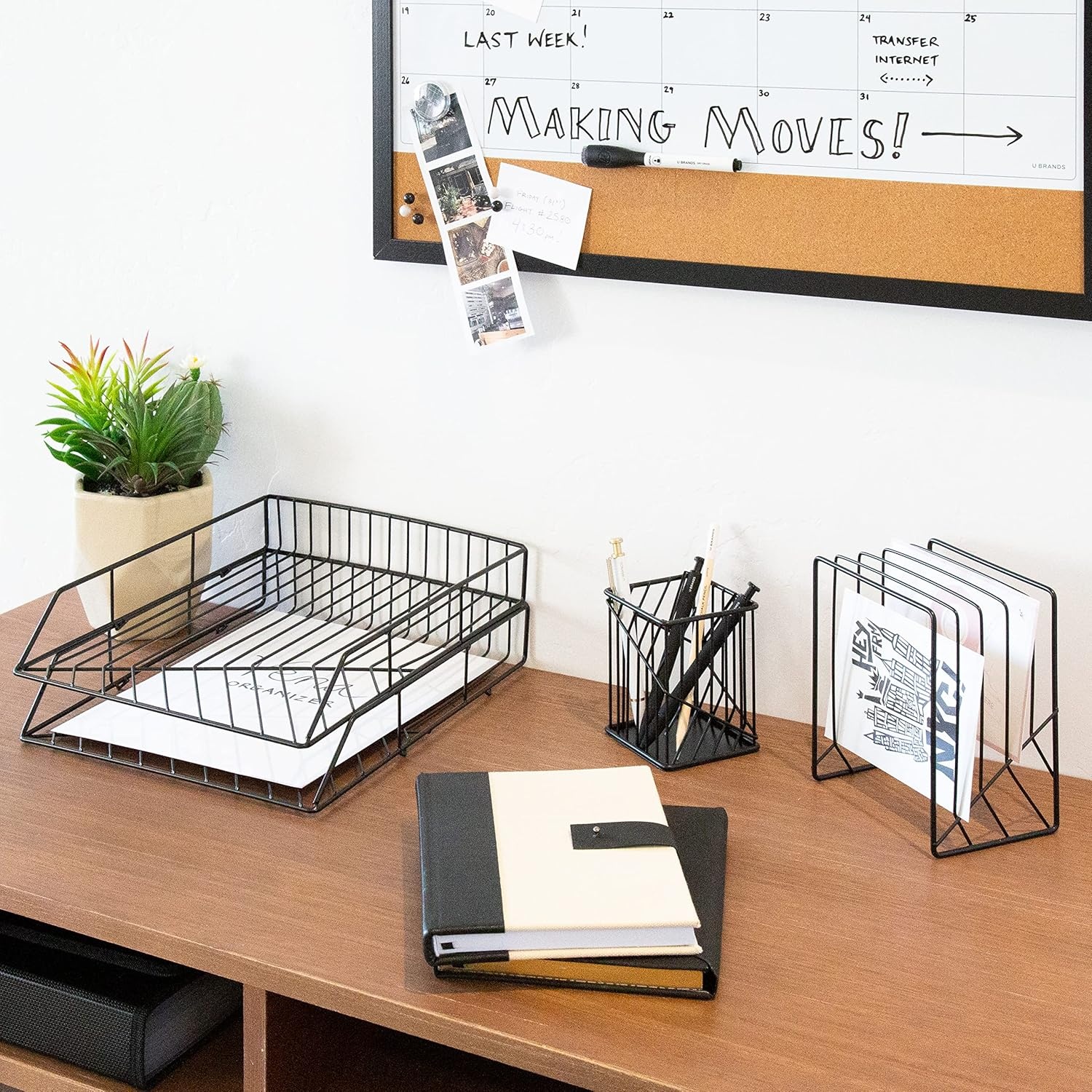 image:imageU Brands Vena Desk Organization Set Office Supplies Metal Black with Pencil Cup Letter Sorter Paper Tray 4 Pieces
