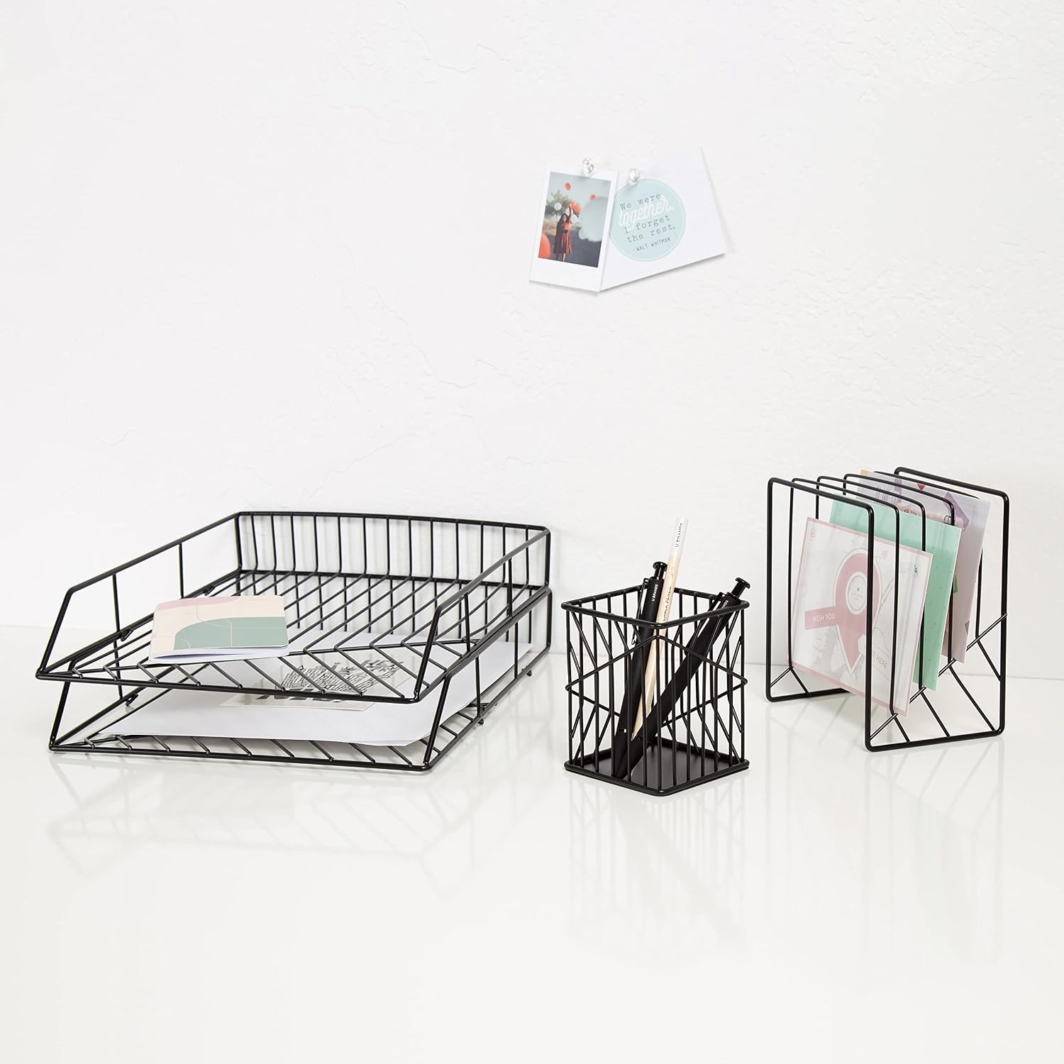 image:imageU Brands Vena Desk Organization Set Office Supplies Metal Black with Pencil Cup Letter Sorter Paper Tray 4 Pieces