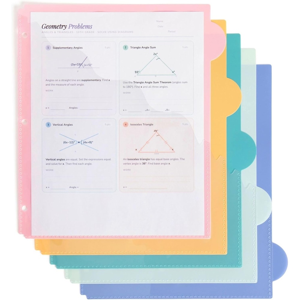 image:imageU Brands 5 Tab Poly Binder Dividers with Pocket Pastel Drift 3Hole Punched 10 Blank Labels Transparent Pocket Durable NoTearPastel Drift
