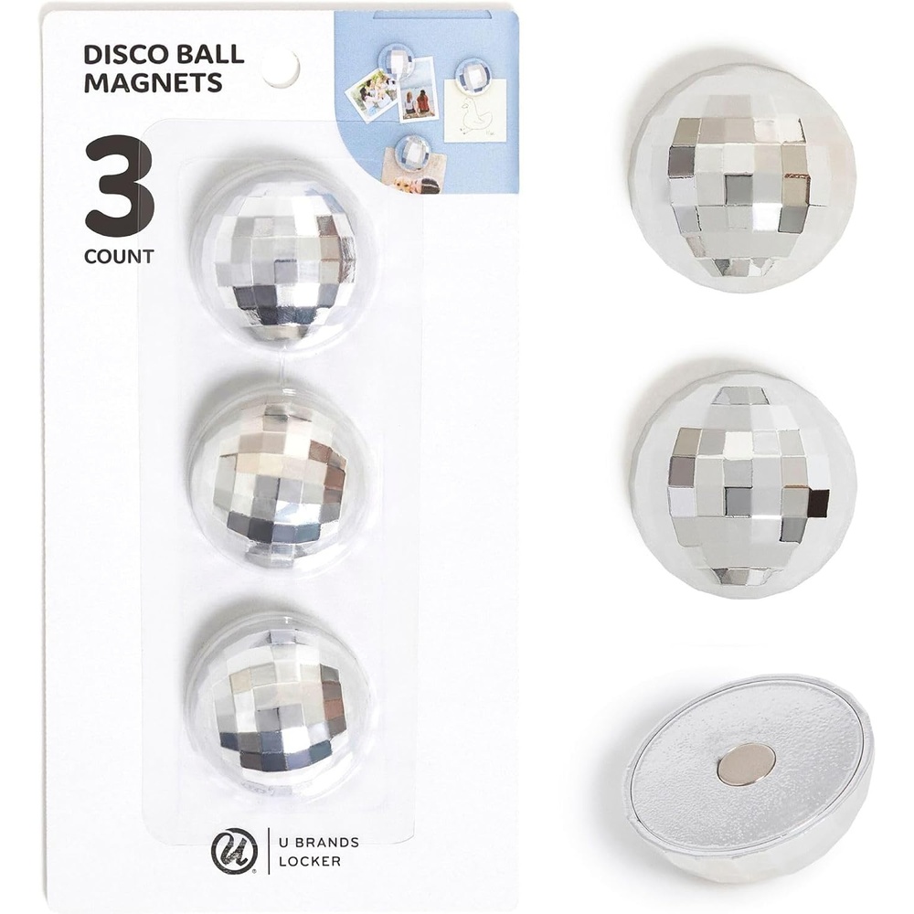 image:imageU Brands Disco Ball Locker Magnets Set of 3 Silver Fun Magnetic Locker Accessories for School Whiteboard Accessories Cute Magnets for Refrigerator