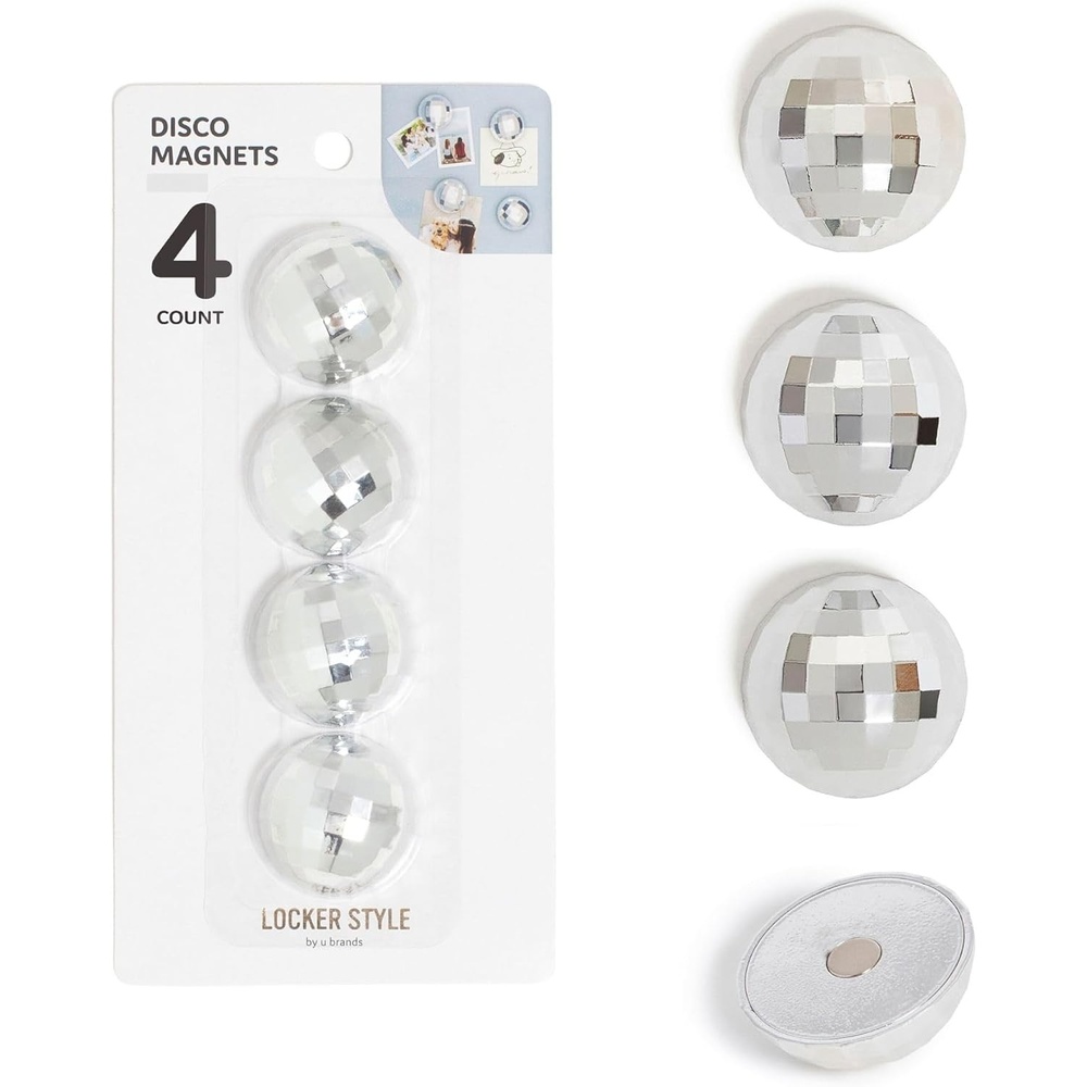 image:imageU Brands Disco Ball Locker Magnets Set of 4 Silver Fun Magnetic Locker Accessories for School Whiteboard Accessories Cute Magnets for Refrigerator