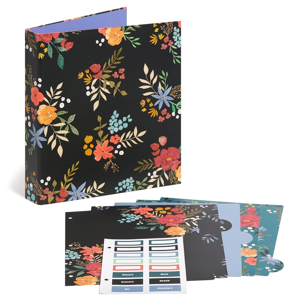image:imageU Brands Midnight Blossoms 1 Binder with 5 Tab Dividers and Labels Multicolored Floral Print Silver Metal ORings