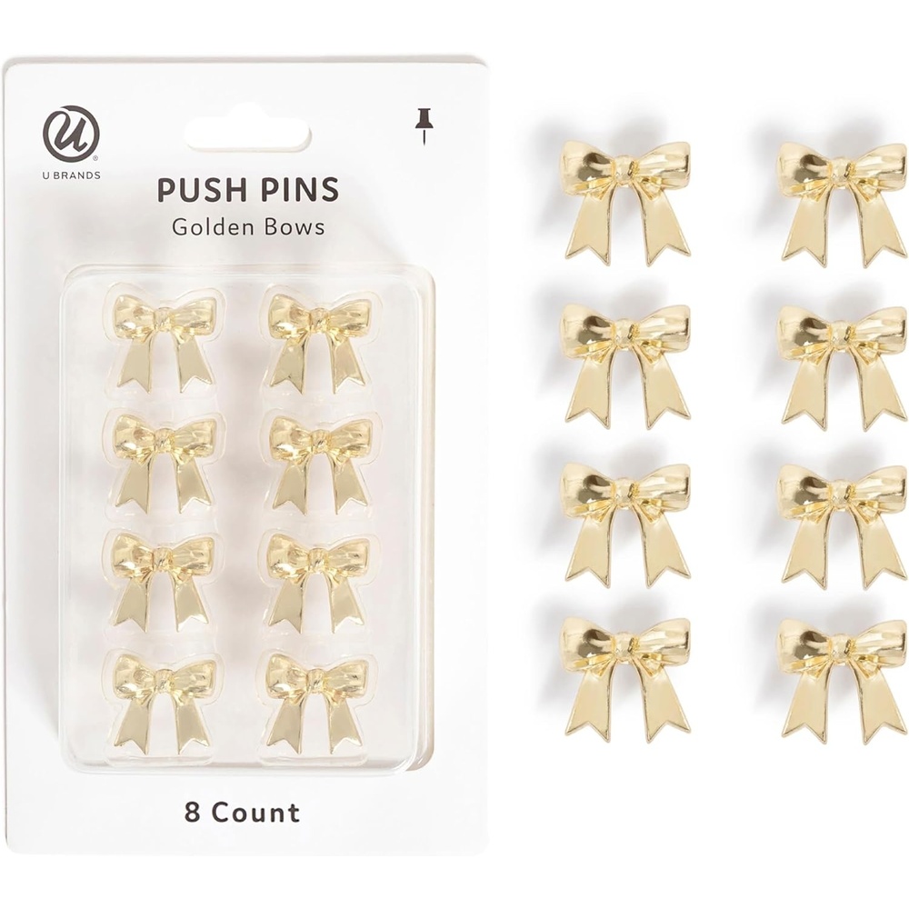image:imageU Brands Mini Fashion Small Push Pins Set Gold Bows 8 Count Office Supplies for Classroom or Office Decor Cute Pins for Cork Bulletin Boards