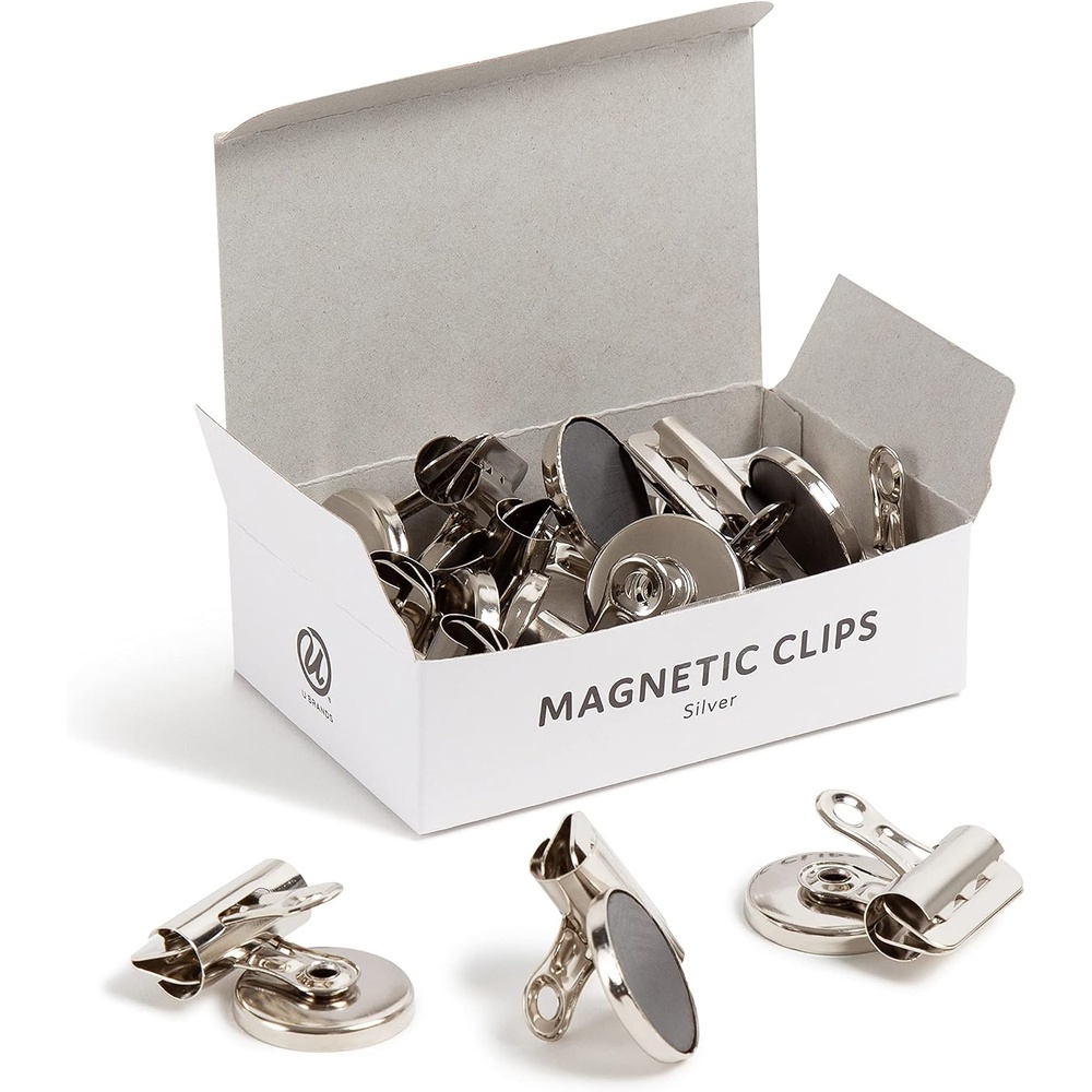 image:imageU Brands Strong Refrigerator Magnet Clips Silver Office Organization Supplies White Board Accessories 12 CountSilver