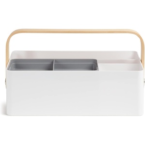 U Brands Mod Caddy Desktop Organizer, Office Supplies, White, with Removable Tray, Poplar Handle, 12.36” x 6.93” x 3.93”