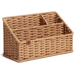U Brands Woven All-in-1 Desk Organizer, Rattan-Inspired Wicker Style Office Organization Supplies, 1 Count, Brown