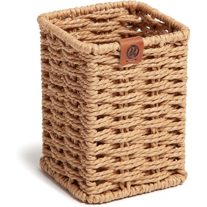 U Brands Woven Pencil Cup, Rattan-Inspired Wicker Style Office Organization Supplies, Natural Wood, 1 Count