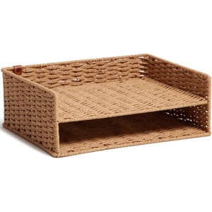 U Brands Woven Two-Tier Paper Tray, Rattan-Inspired Wicker Style Office Organization Supplies, 1 Count(1″ x 1″ x 1″)