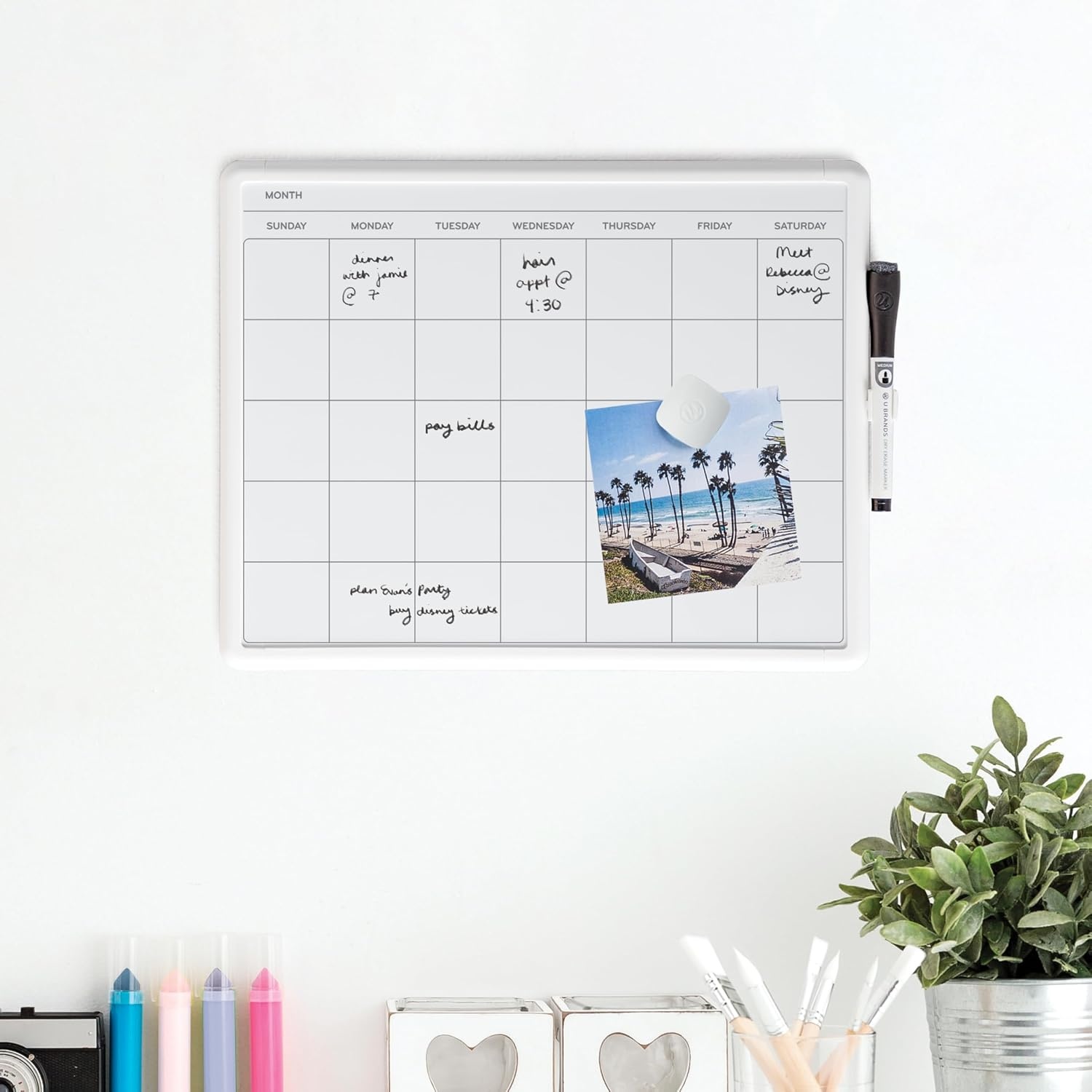image:imageU Brands 11 x 14 Modern Bevel Dry Erase Calendar Board Wood Grain Print Monthly Planner Includes Magnetic Marker and MagnetWhite