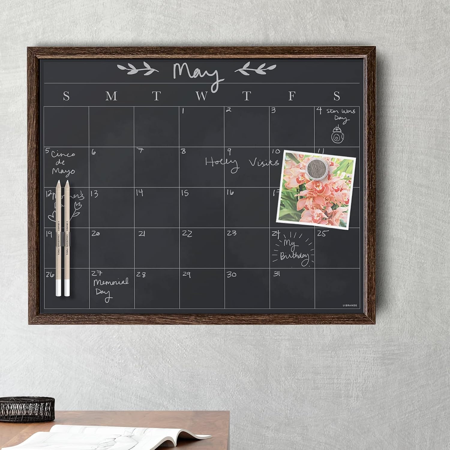 image:imageU Brands 16 x 20 Magnetic Monthly Calendar Chalkboard with Rustic Wood Frame Blackboard Surface Wall Mountable Monthly Planner Board Magnetic Calendar for Home Office Kitchen ClassroomRustic Wood Style Frame