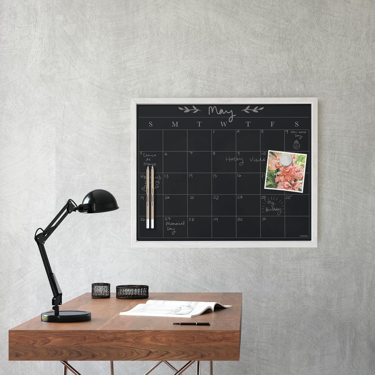 image:imageU Brands 16 x 20 Magnetic Monthly Calendar Chalkboard with Rustic Wood Frame Blackboard Surface Wall Mountable Monthly Planner Board Magnetic Calendar for Home Office Kitchen ClassroomWhite Frame