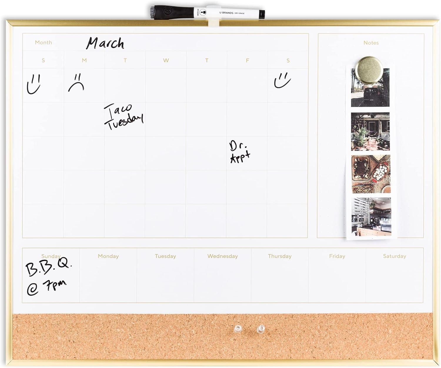 image:imageU Brands 4in1 Dry Erase Calendar Planner White Board with Gold Frame Office Supplies with Marker Magnet 16 x 20