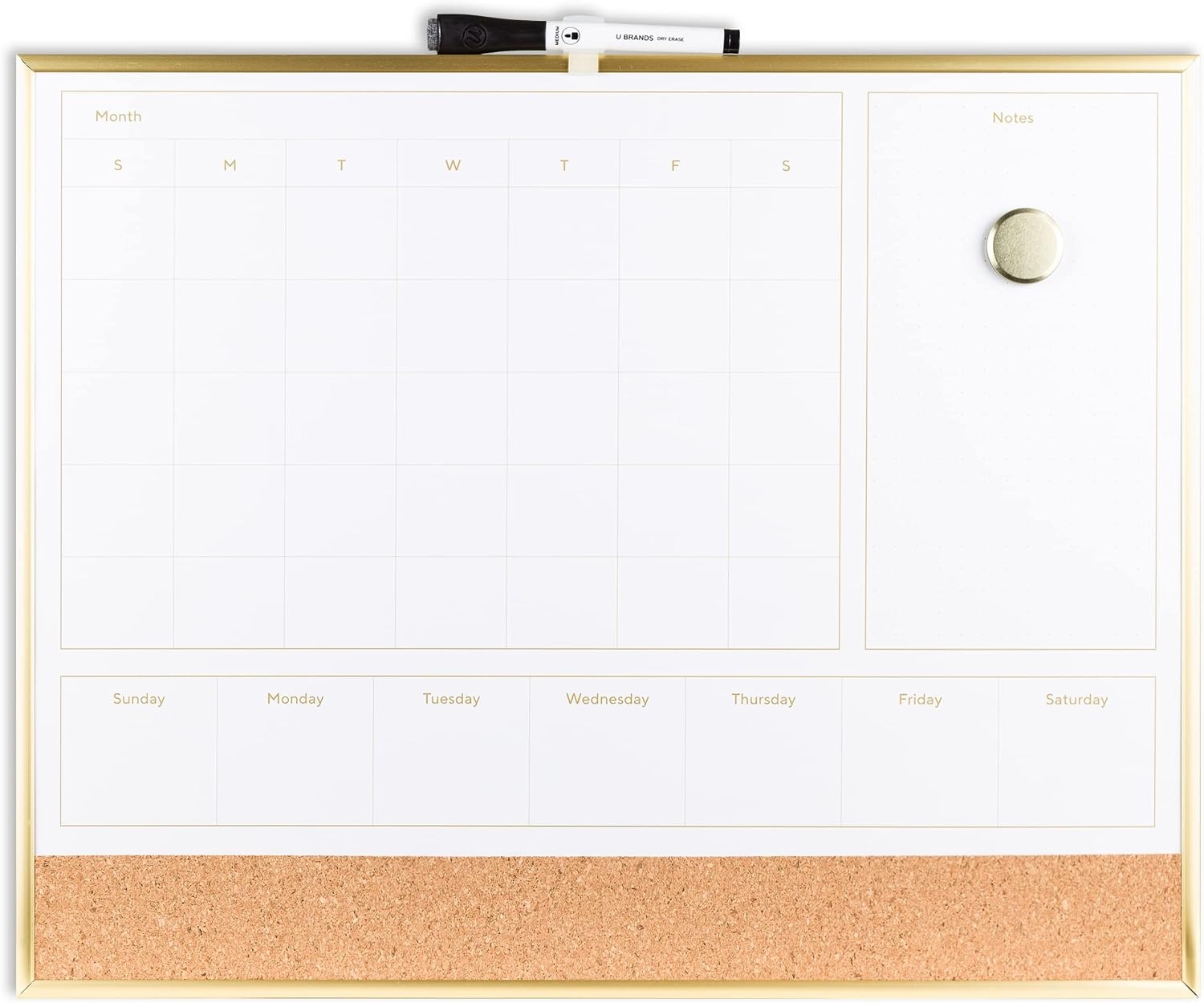 image:imageU Brands 4in1 Dry Erase Calendar Planner White Board with Gold Frame Office Supplies with Marker Magnet 16 x 20