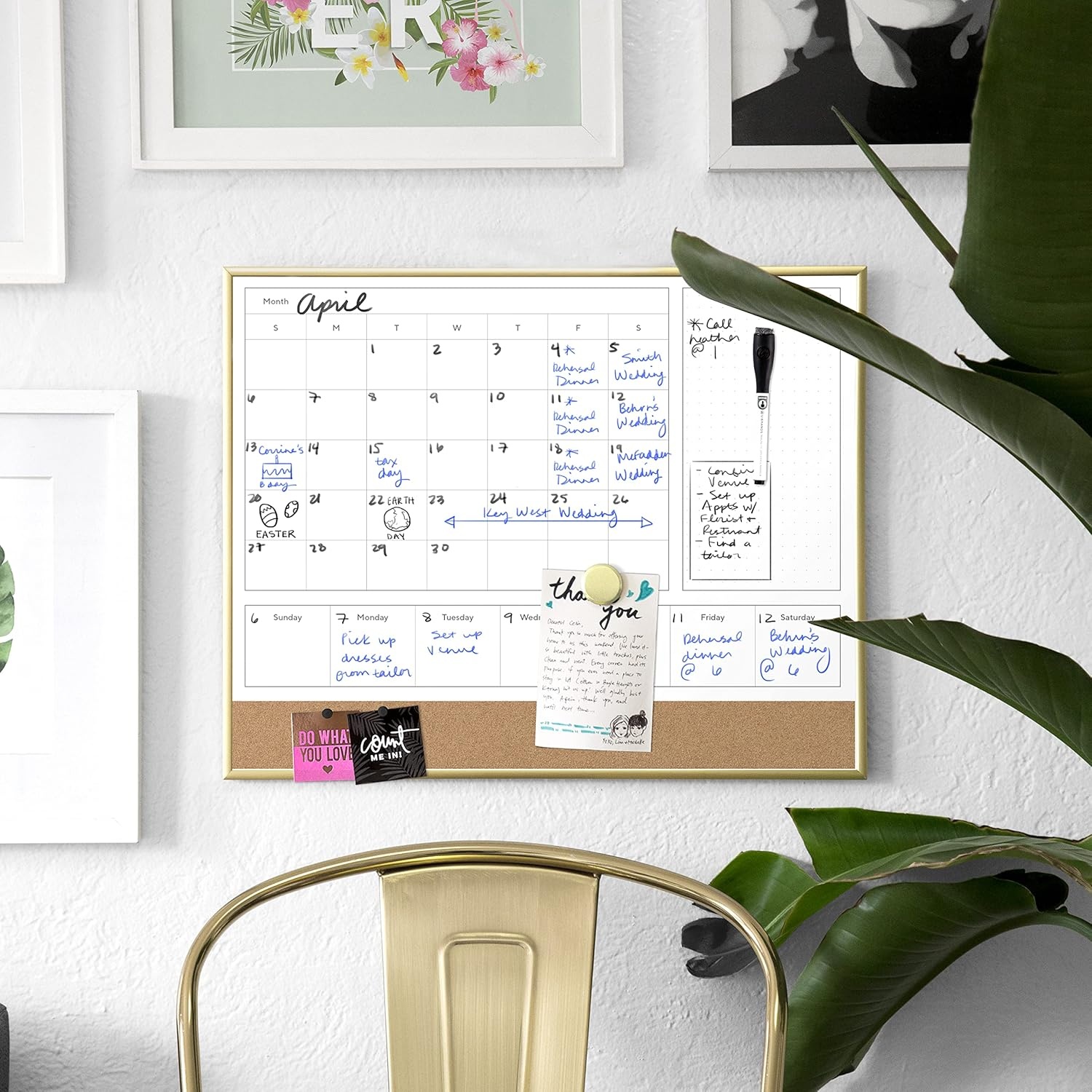 image:imageU Brands 4in1 Dry Erase Calendar Planner White Board with Gold Frame Office Supplies with Marker Magnet 16 x 20