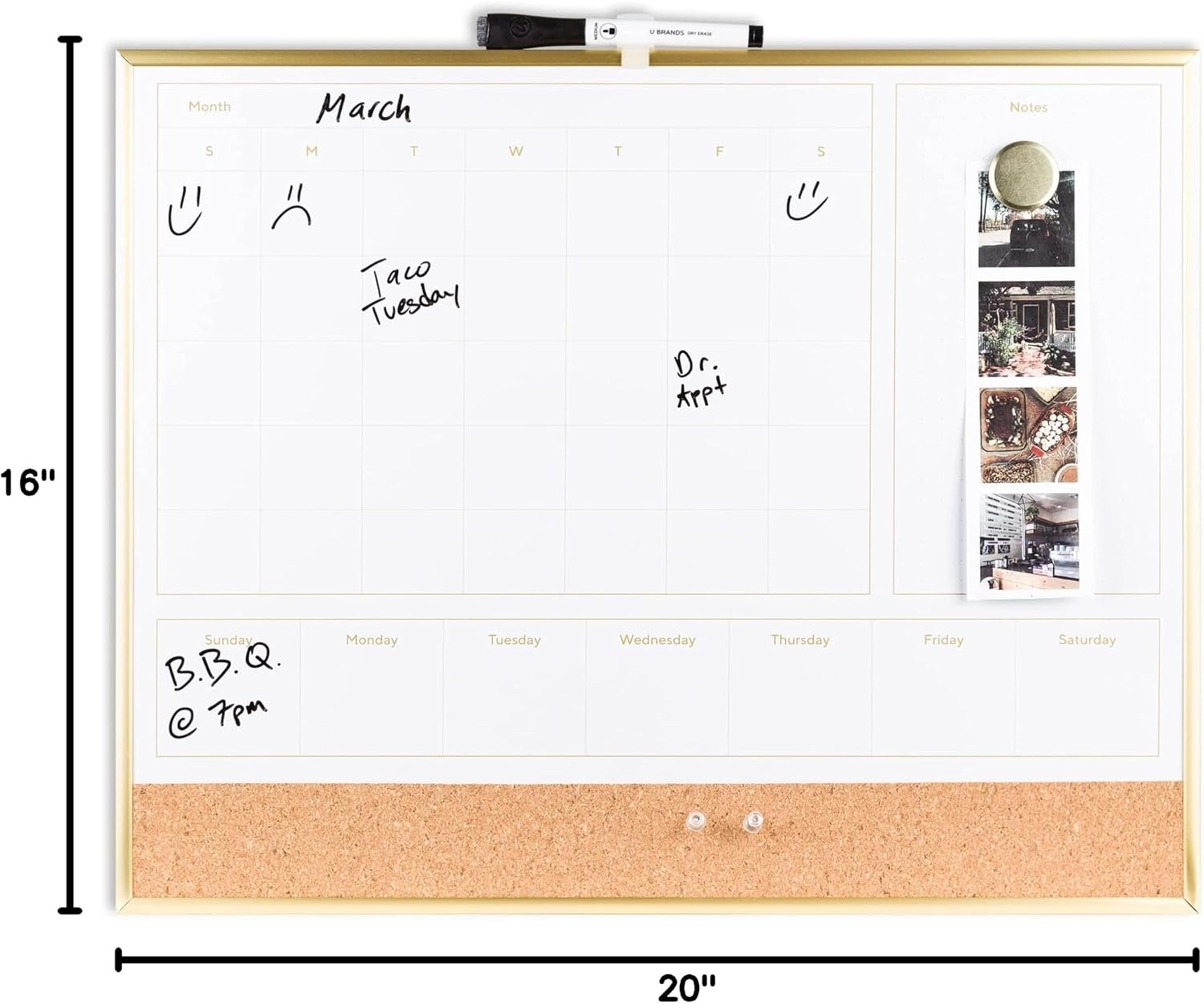 image:imageU Brands 4in1 Dry Erase Calendar Planner White Board with Gold Frame Office Supplies with Marker Magnet 16 x 20