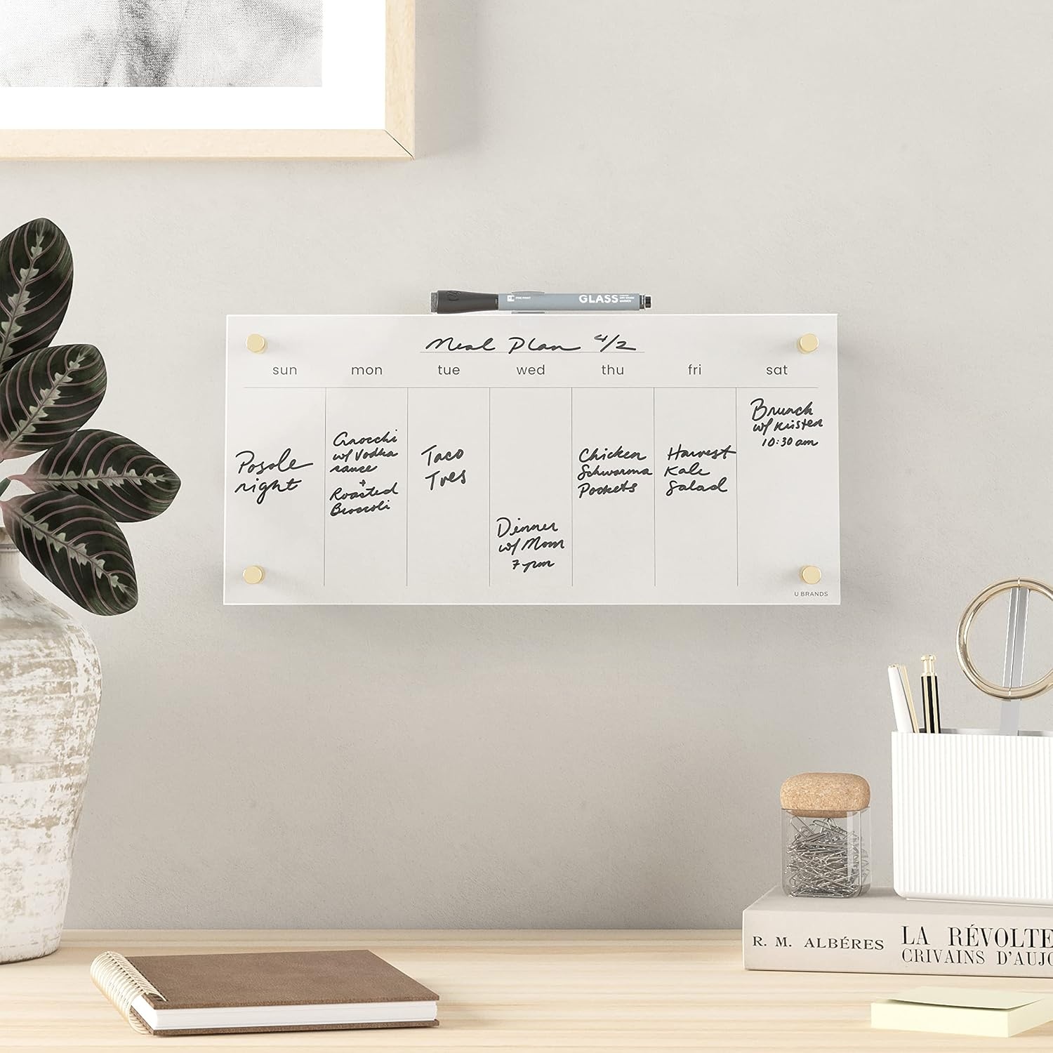 image:imageU Brands Acrylic Monthly Dry Erase Calendar White Board Clear with Gold Finish Hardware 16 x 16