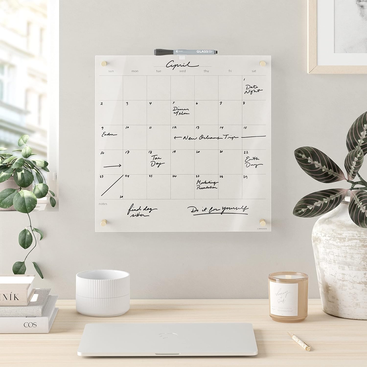 image:imageU Brands Acrylic Monthly Dry Erase Calendar White Board Clear with Gold Finish Hardware 16 x 16