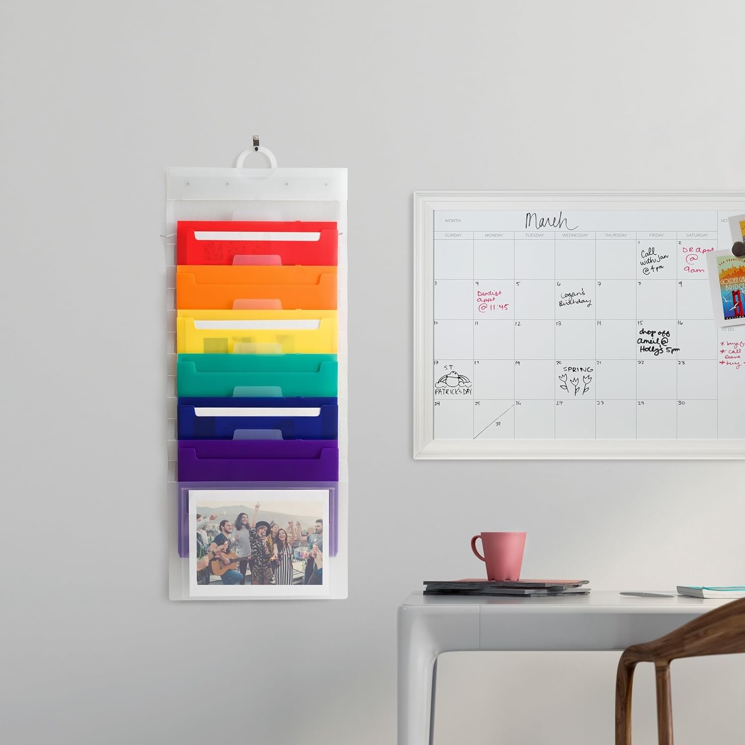 image:imageU Brands Cascading Wall Organizer Office Supplies Primary Colors 6 Removable Folder Pockets Letter Size 14 x 34