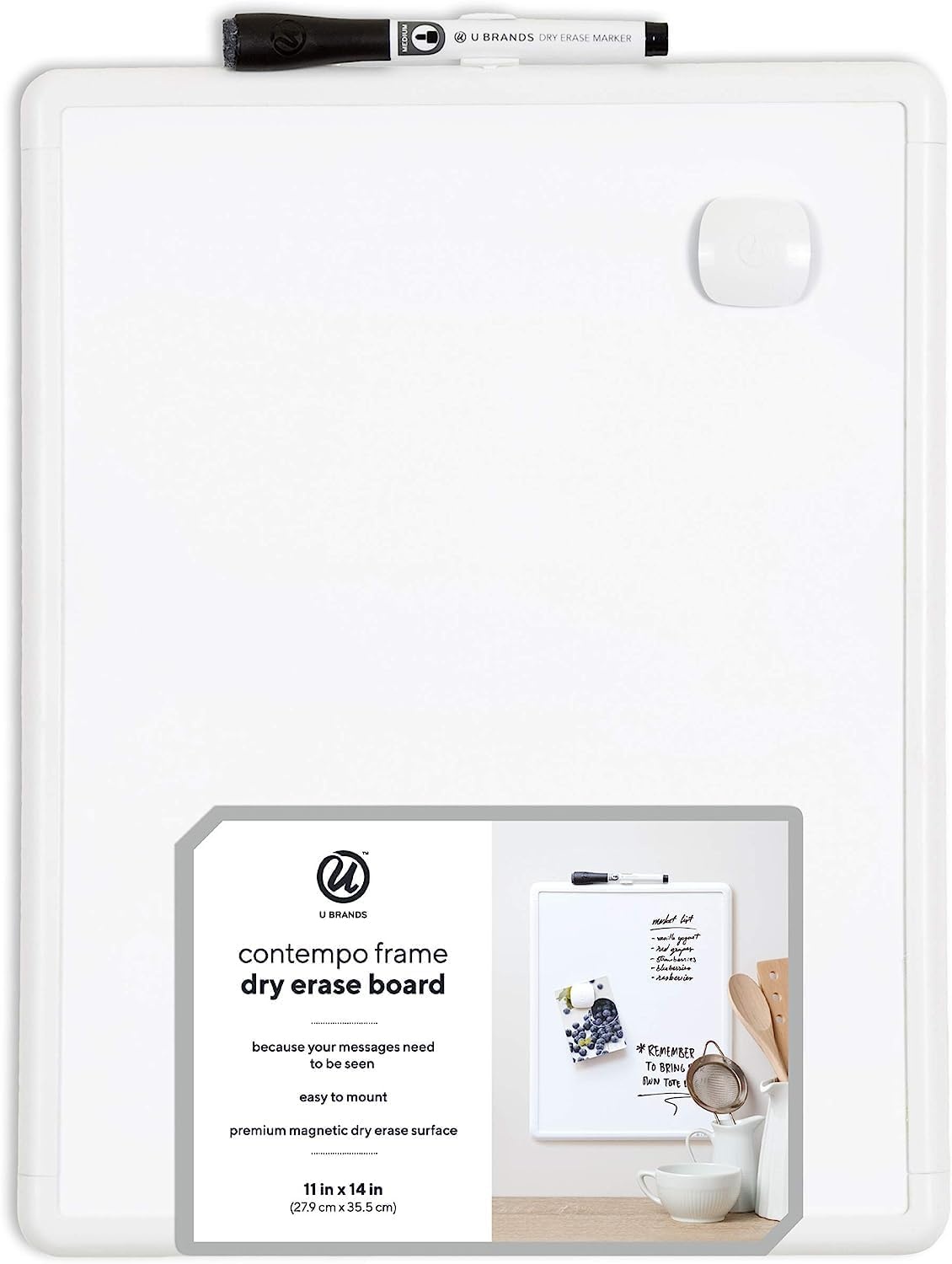 image:imageU Brands Contempo Magnetic Dry Erase Board 11 x 14 Inches White Frame Eraser and 6ct Marker Included