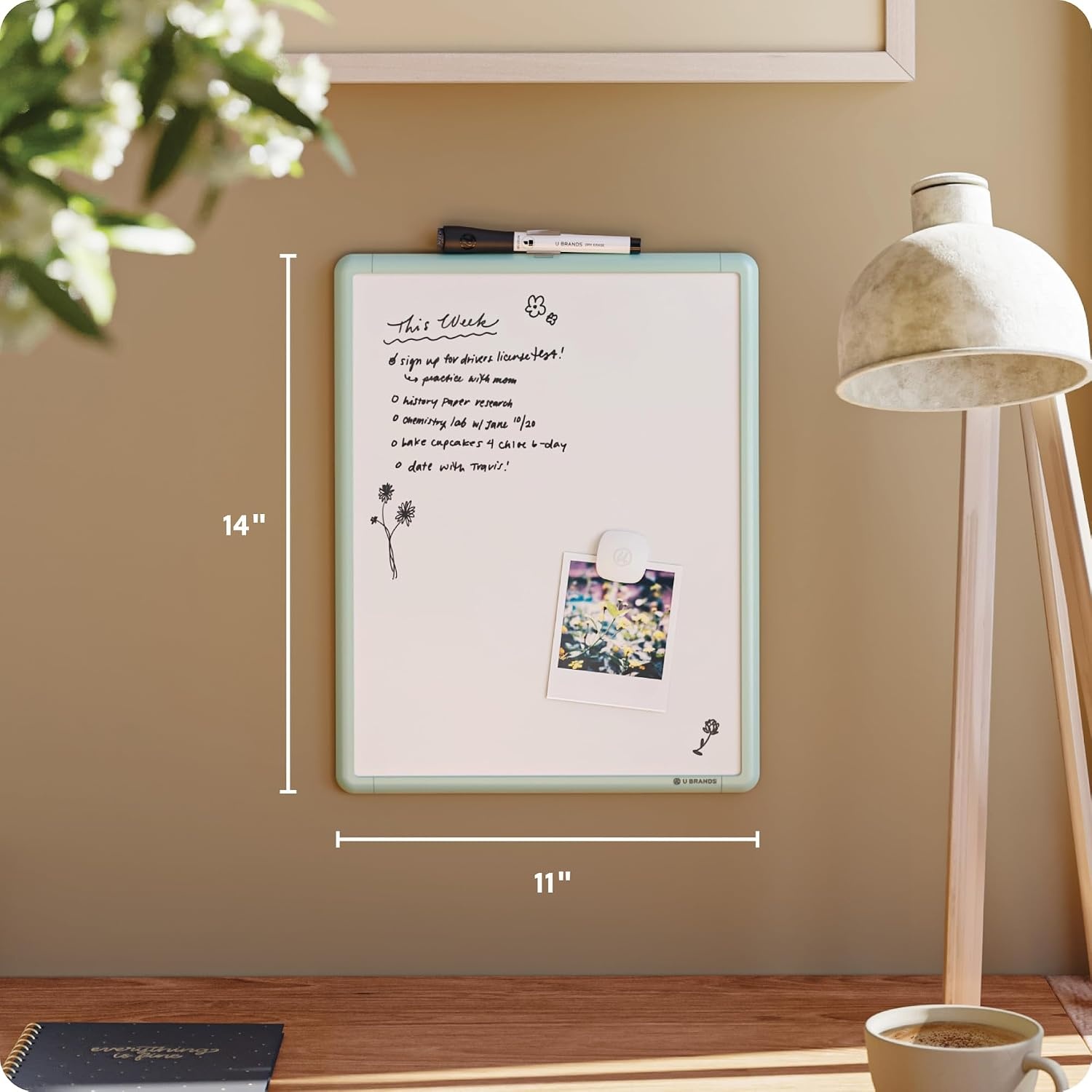 image:imageU Brands Contempo Magnetic Small Whiteboard 11 x 14 White Modern Frame Mini White Board for Students Fridge and Locker Dry Erase Board Includes Marker amp MagnetSage Green