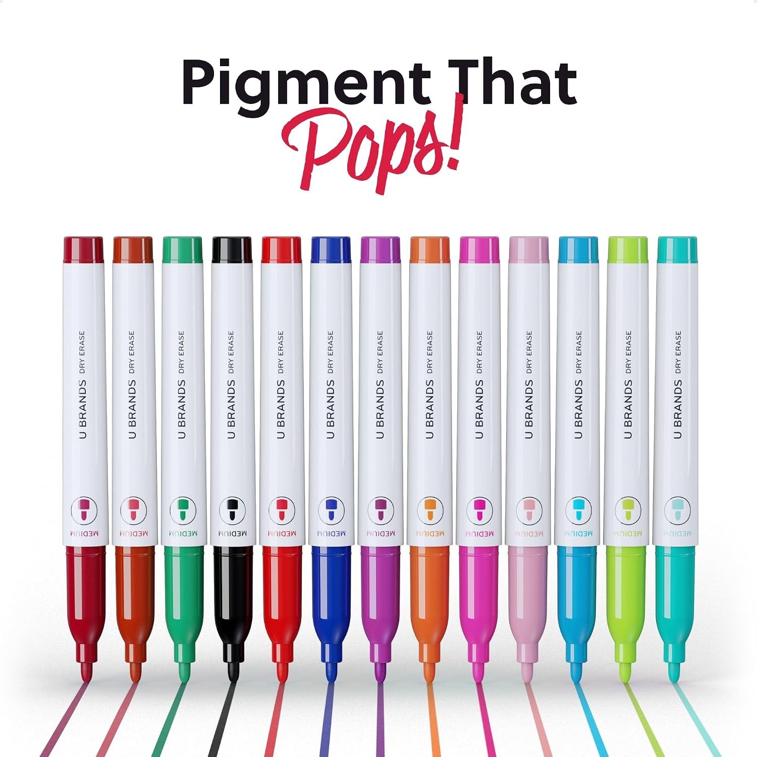 image:imageU Brands Dry Erase Markers Medium Tip Set 4 Pack Black Whiteboard Pens with Medium Point and Built In Eraser Caps Low Odor Ink Dry Erase Markers For Classroom Office Or Home21 Count Bright Colors