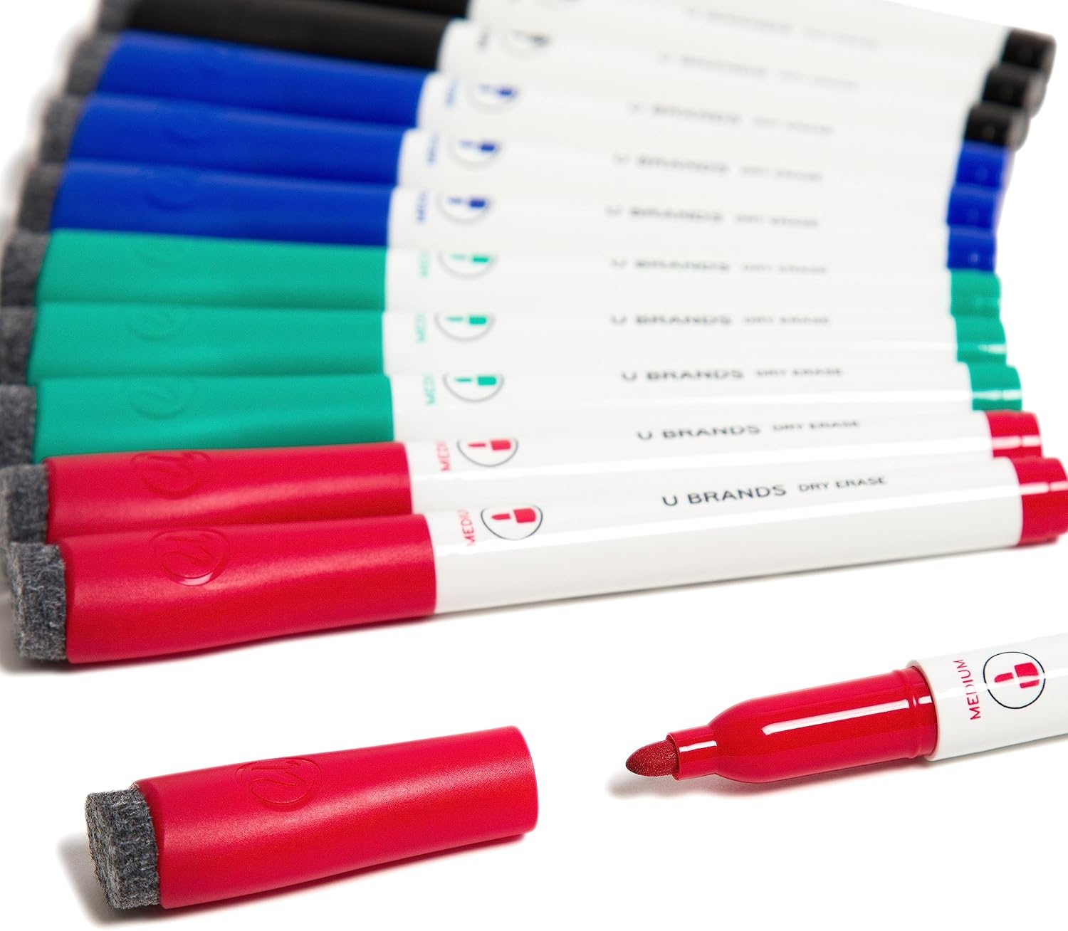 image:imageU Brands Dry Erase Markers Medium Tip Set 4 Pack Black Whiteboard Pens with Medium Point and Built In Eraser Caps Low Odor Ink Dry Erase Markers For Classroom Office Or Home12 Count Classic Colors