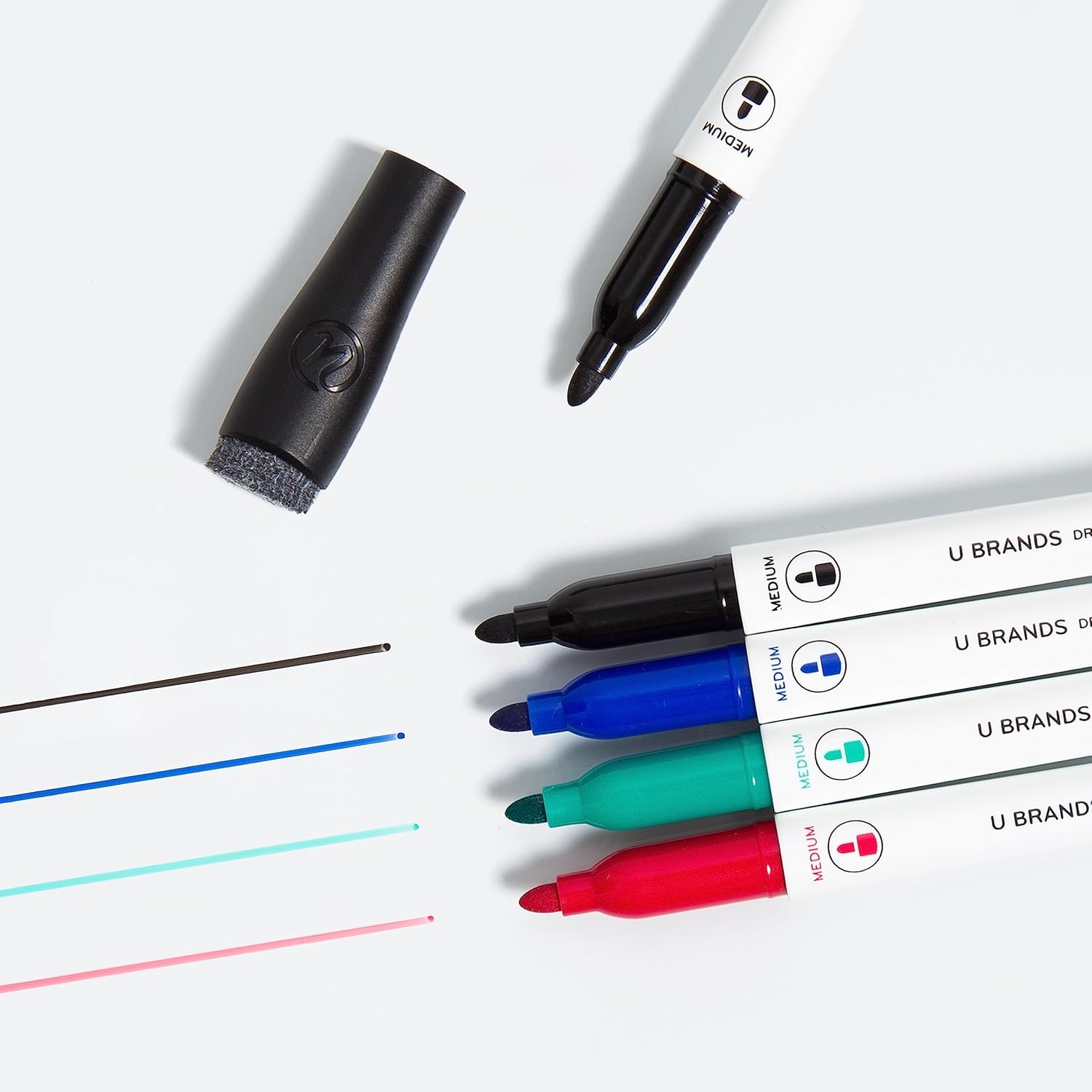 image:imageU Brands Dry Erase Markers Medium Tip Set 4 Pack Black Whiteboard Pens with Medium Point and Built In Eraser Caps Low Odor Ink Dry Erase Markers For Classroom Office Or Home12 Count Classic Colors