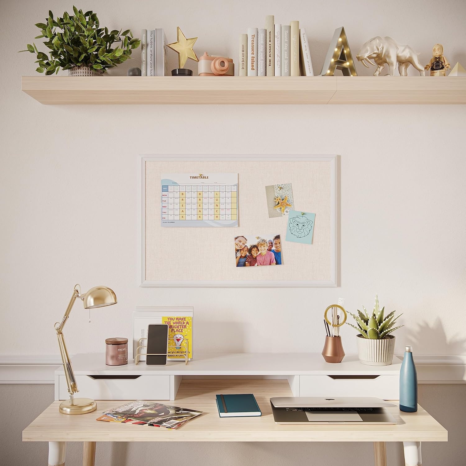 image:imageU Brands Farmhouse Bulletin Board Linen Covered Corkboard with White Wood Frame 30 x 20 6711U0001Board New