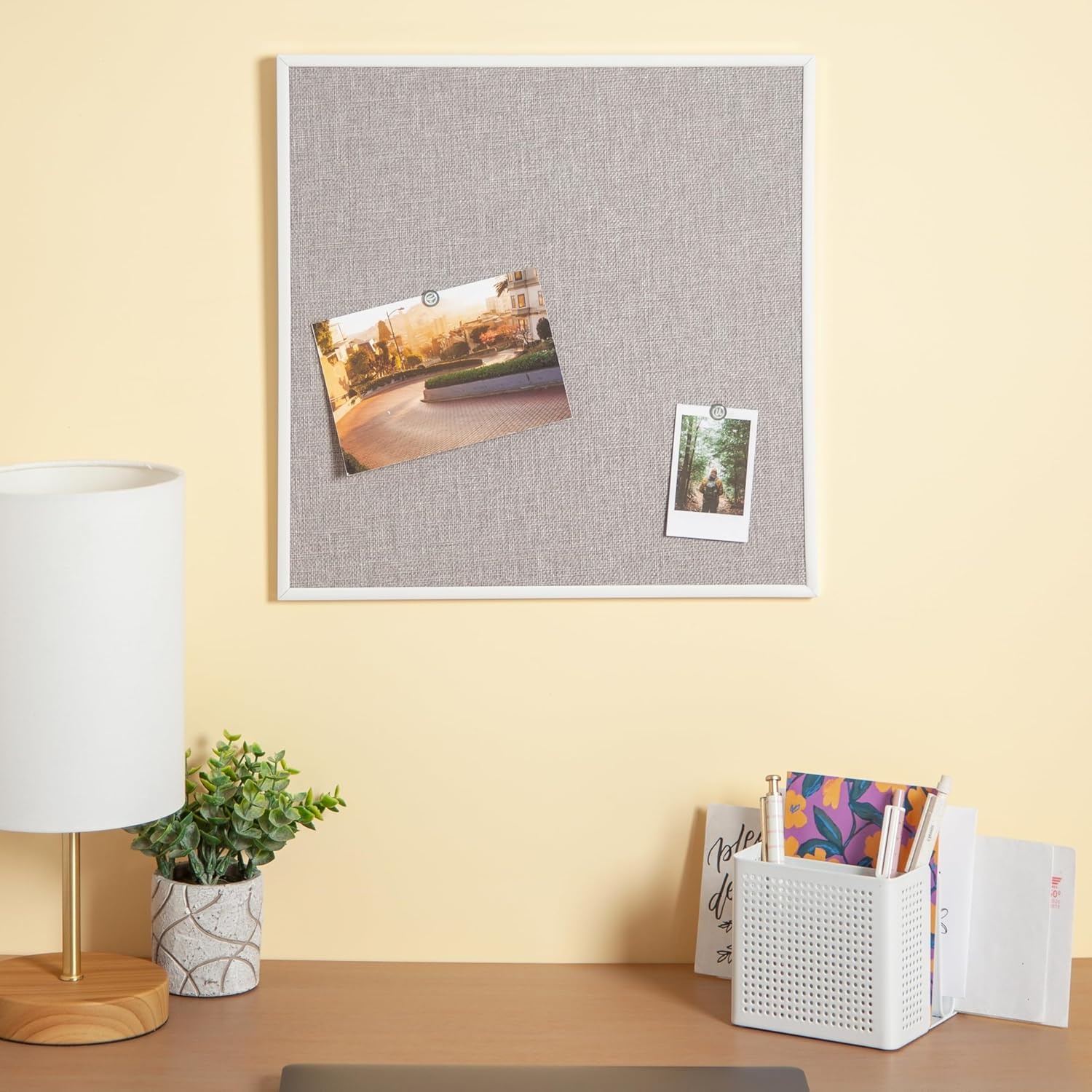image:imageU Brands Farmhouse Linen Bulletin Board 14 x 14 White Metal Frame Industrial Grade Pinning SurfaceWhite