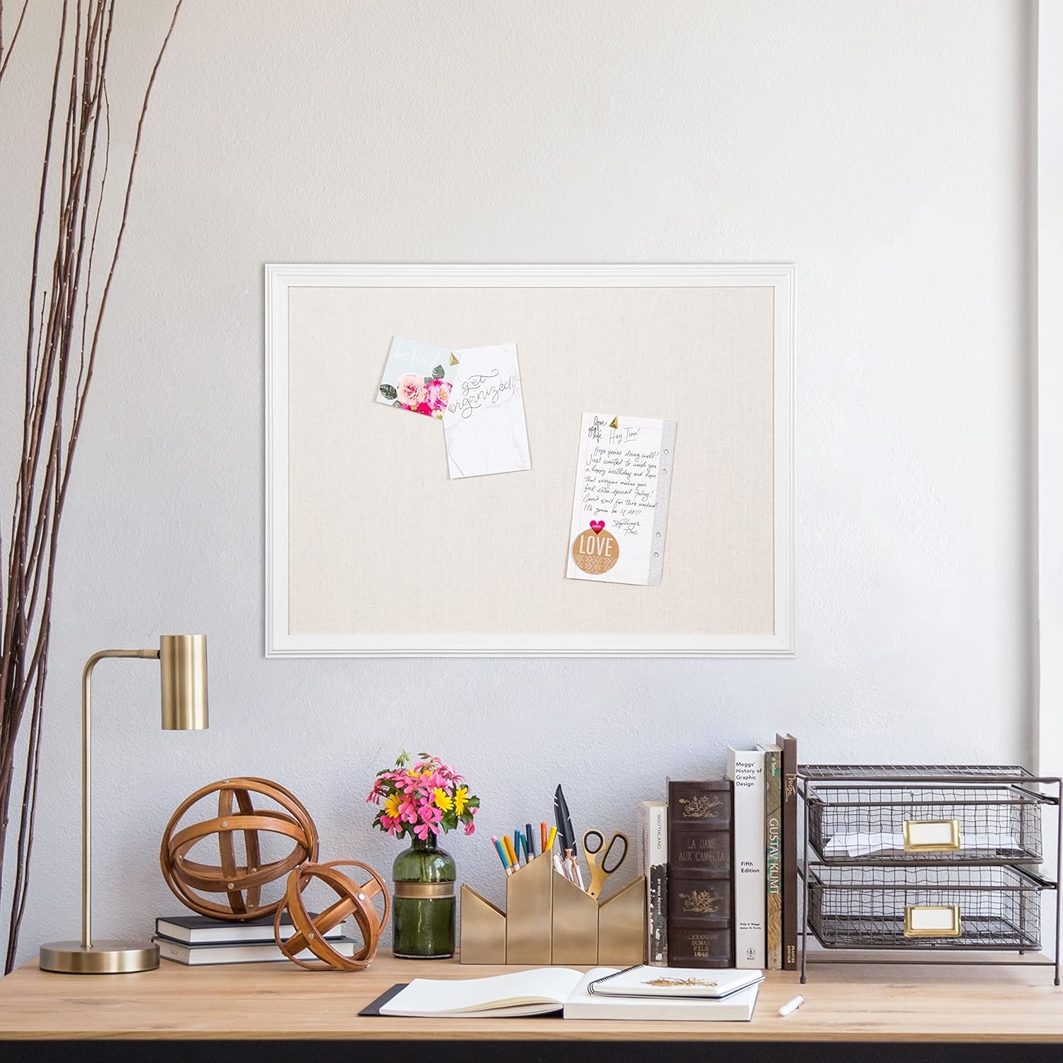 image:imageU Brands Farmhouse Linen Bulletin Board 40 x 30 White Wood Style Frame Industrial Grade Pinning Surface24x18 Natural Linen