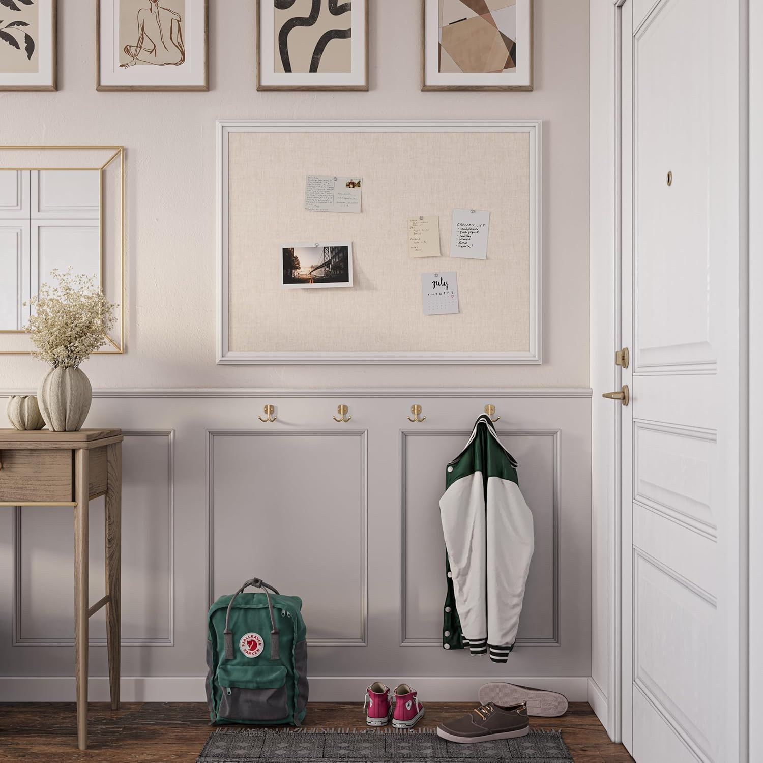 image:imageU Brands Farmhouse Linen Bulletin Board 40 x 30 White Wood Style Frame Industrial Grade Pinning Surface40x30 Natural Linen