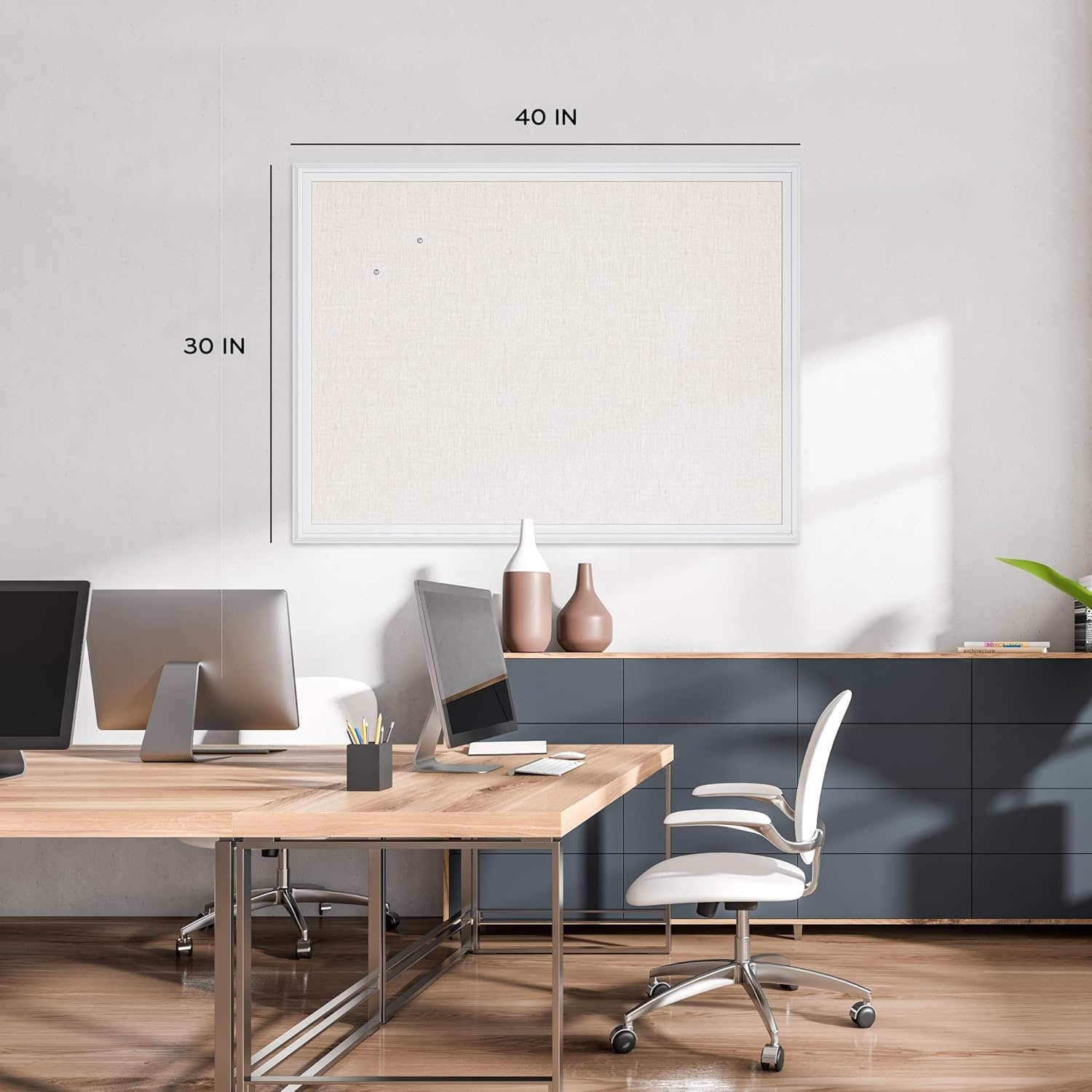 image:imageU Brands Farmhouse Linen Bulletin Board 40 x 30 White Wood Style Frame Industrial Grade Pinning Surface40x30 Natural Linen