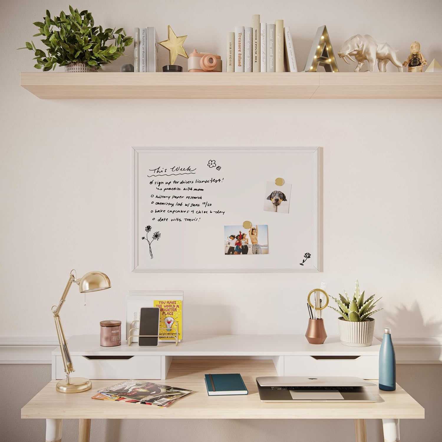 image:imageU Brands Farmhouse Magnetic Dry Erase White Board 30 x 20 Wall Mounted Whiteboard with White Wood Frame Includes 2 Magnets Home Office Classroom Dry Erase Board30W x 20H