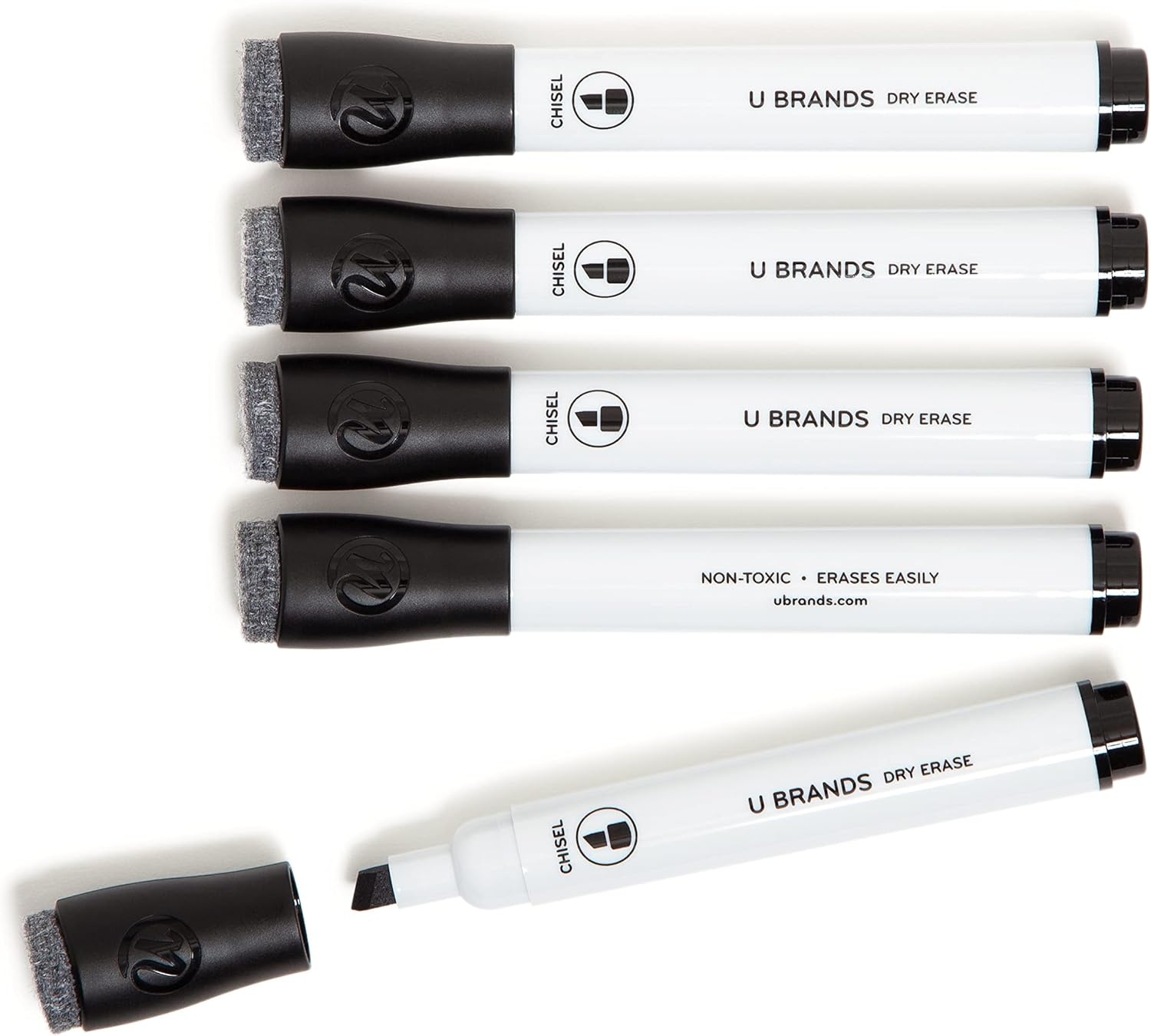 image:imageU Brands Fine Tip Dry Erase Markers with Eraser Whiteboard Markers with Chisel tip Low Odor Black Set of 5