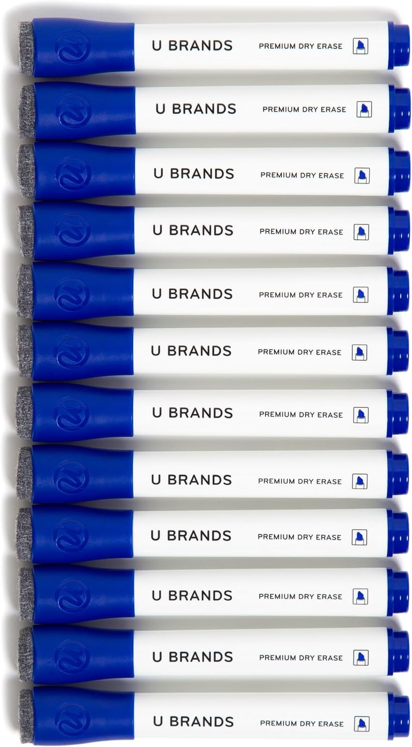 image:imageU Brands Fine Tip Dry Erase Markers with Eraser Whiteboard Markers with Chisel tip Low Odor Blue Set of 12