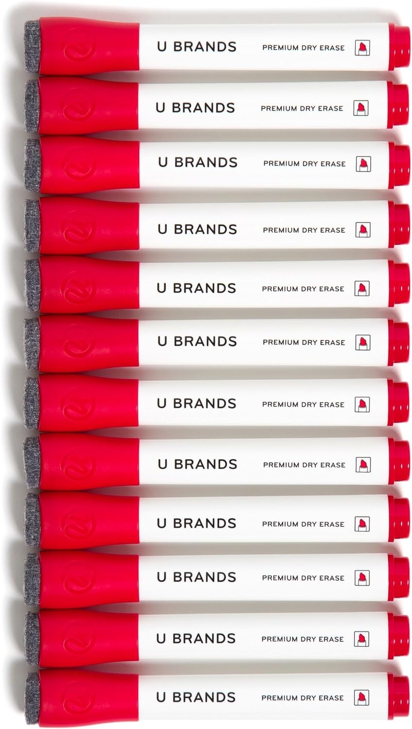 image:imageU Brands Fine Tip Dry Erase Markers with Eraser Whiteboard Markers with Chisel tip Low Odor Red Set of 12