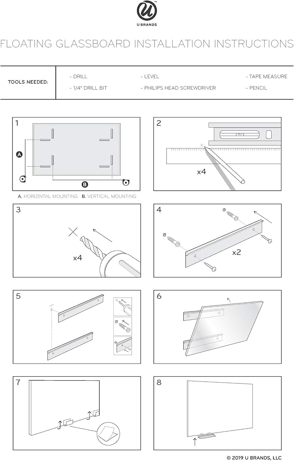 image:imageU Brands Floating NonMagnetic Glass DryErase Board 48 X 36 Gray Surface Frameless Includes 30 Tray and Liquid Chalk Marker 2908U000136W x 36H