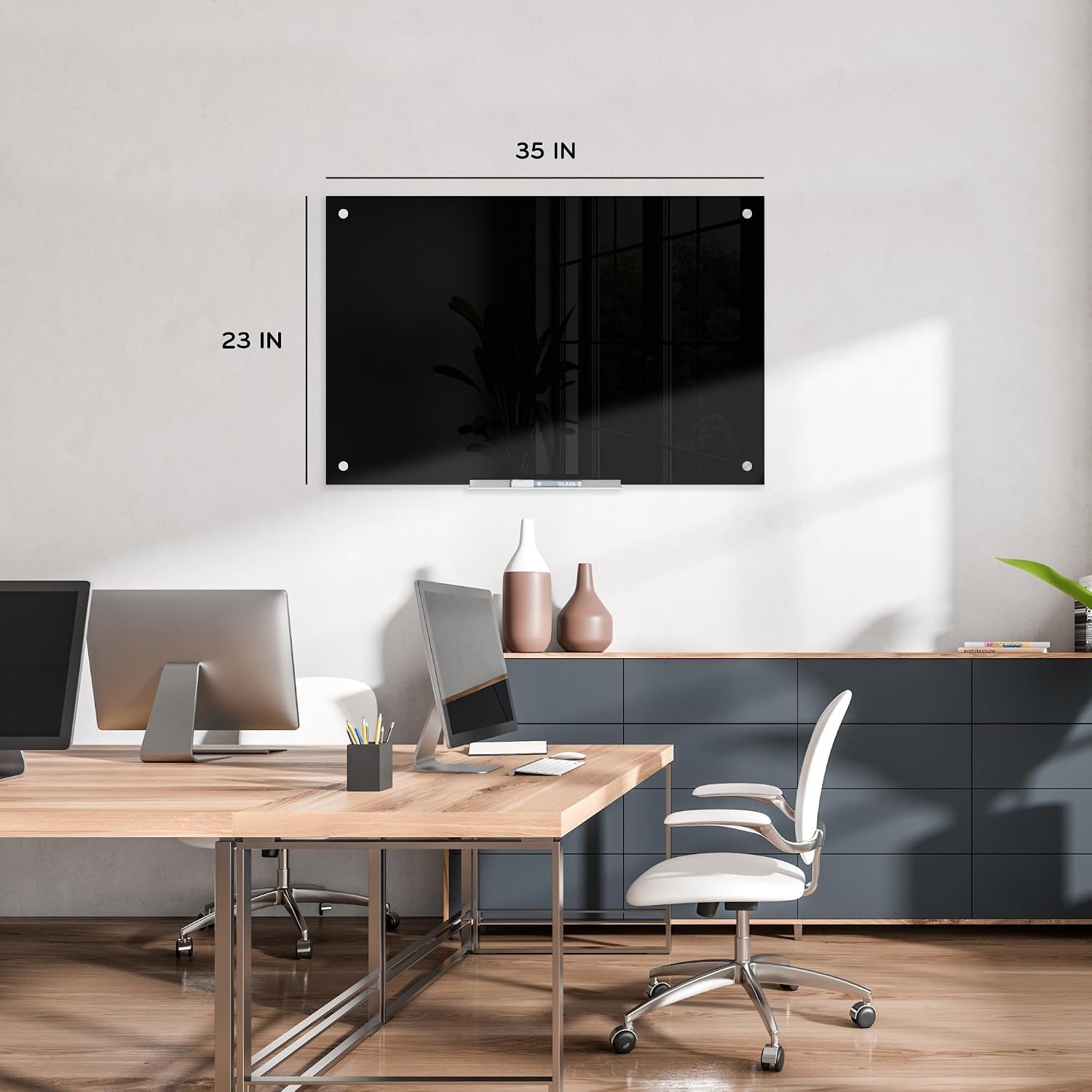 image:imageU Brands Glass Dry Erase Board 24 x 36 Black Surface with Silver Grommets Frameless Includes Marker with Builtin Eraser36W x 24H