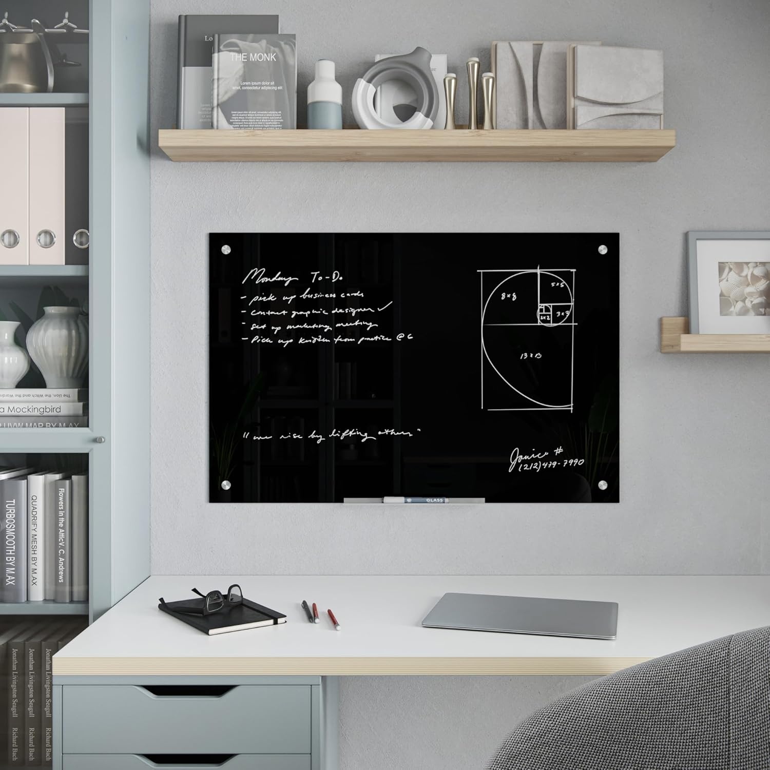 image:imageU Brands Glass Dry Erase Board 24 x 36 Black Surface with Silver Grommets Frameless Includes Marker with Builtin Eraser36W x 24H