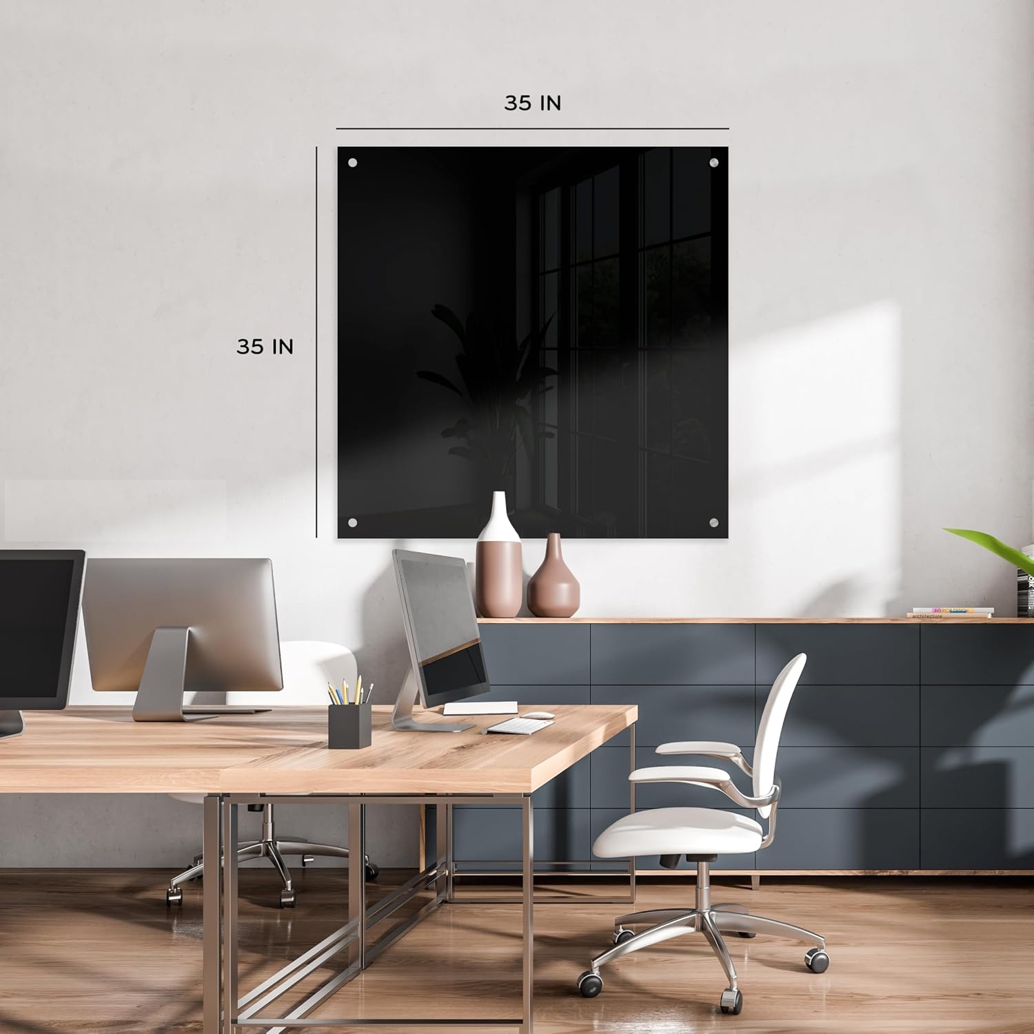 image:imageU Brands Glass Dry Erase Board 24 x 36 Black Surface with Silver Grommets Frameless Includes Marker with Builtin Eraser36W x 36H