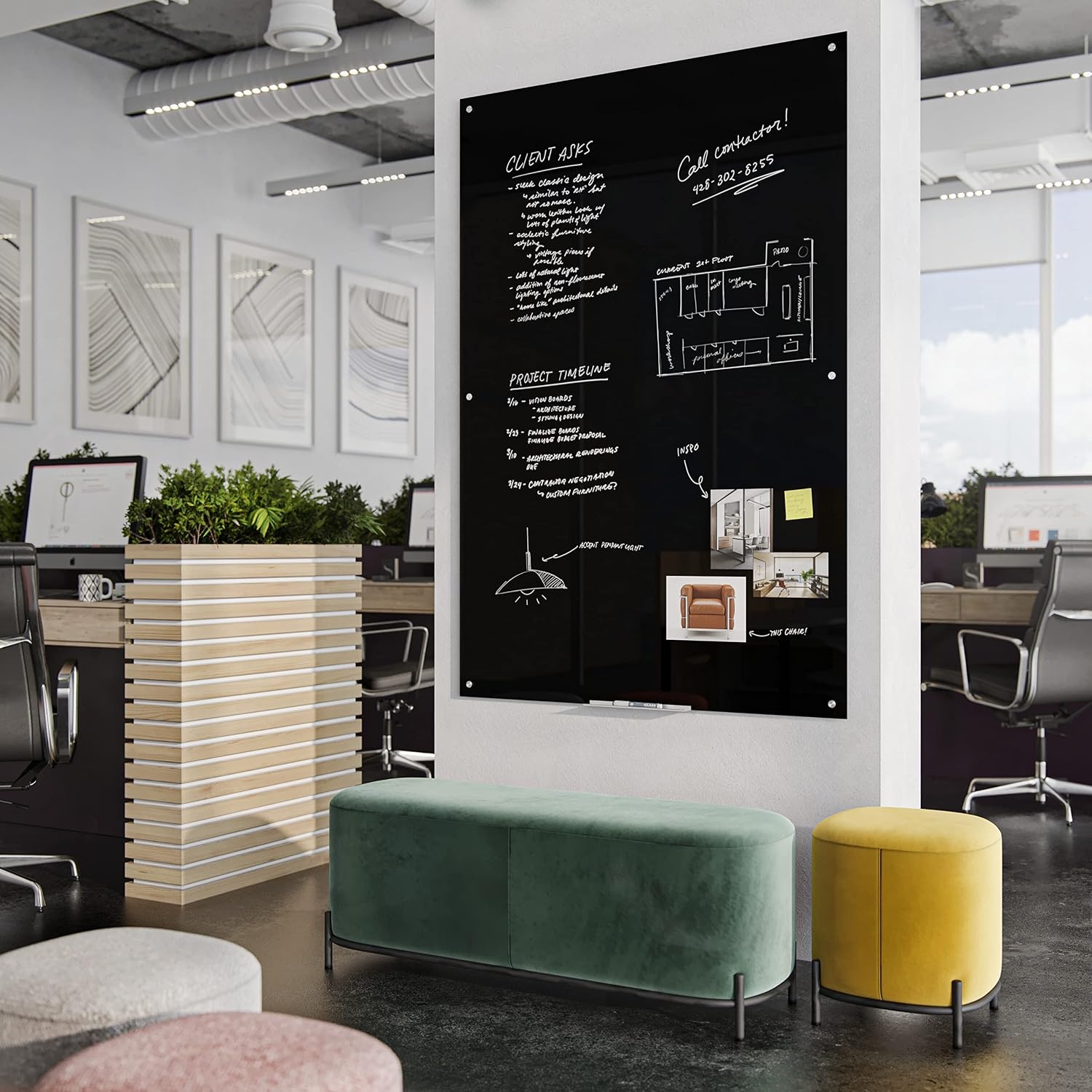image:imageU Brands Glass Dry Erase Board 24 x 36 Black Surface with Silver Grommets Frameless Includes Marker with Builtin Eraser72W x 48H
